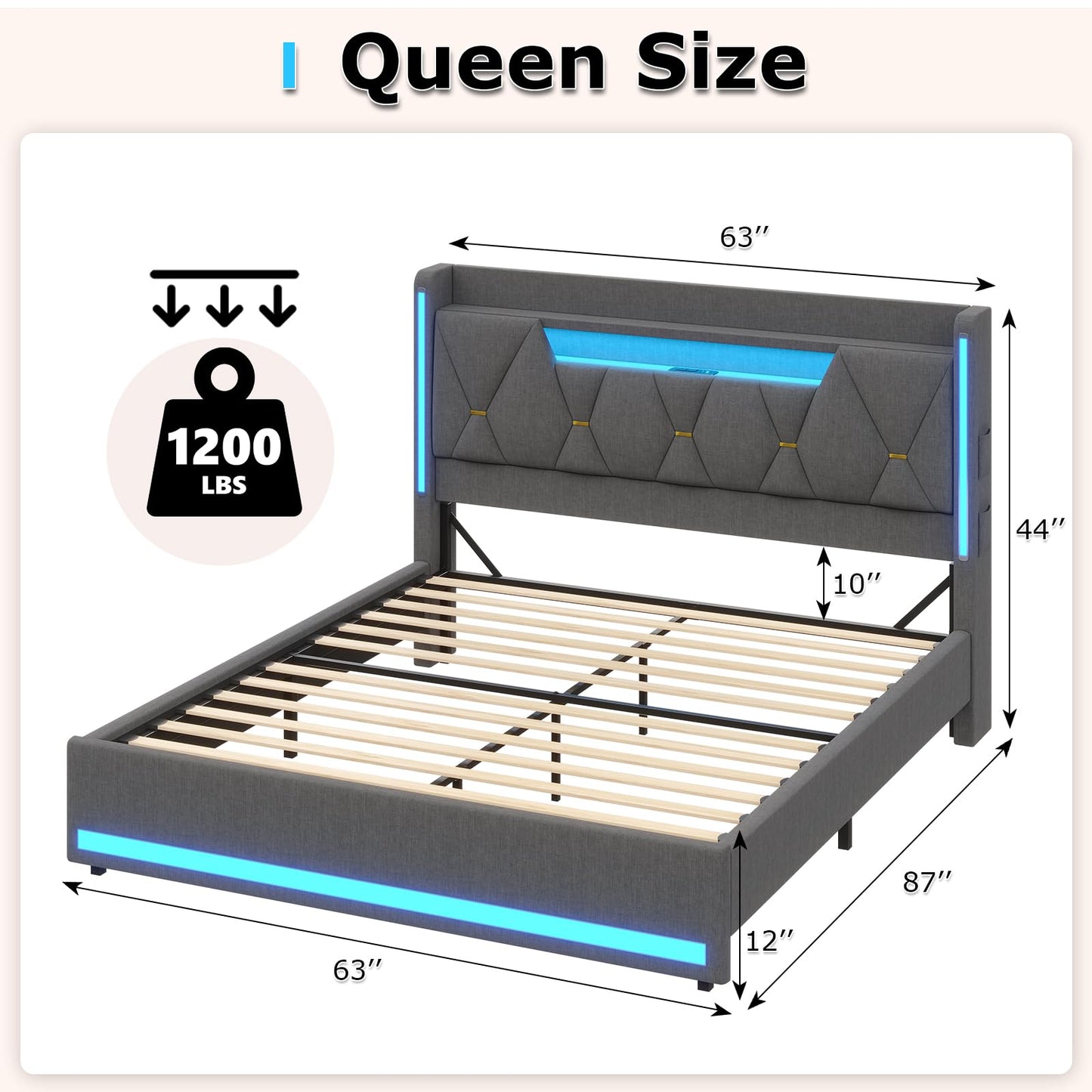 busyaeh Queen Bed Frame with Storage Headboard, Metal Bed Frame with LED Lights & Charging Station, Upholstered Queen Bed with Marshmallow Headboard, No Box Spring Needed, Easy Assembly,Dark Gray