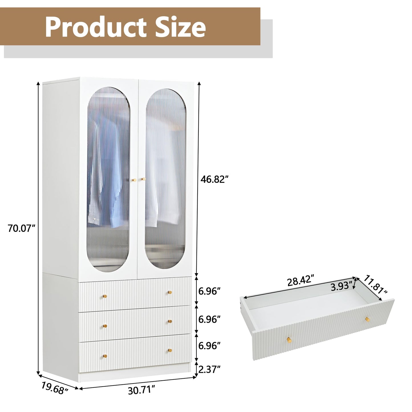 YUCHIATH 70" H Armoire Wardrobe Closet with 2 Glass Doors, Modern Wardrobe Closet with 3 Fluted Drawers and Hanging Rail, Armoire Clothing Organizer for Bedroom (White-2) (White-2)