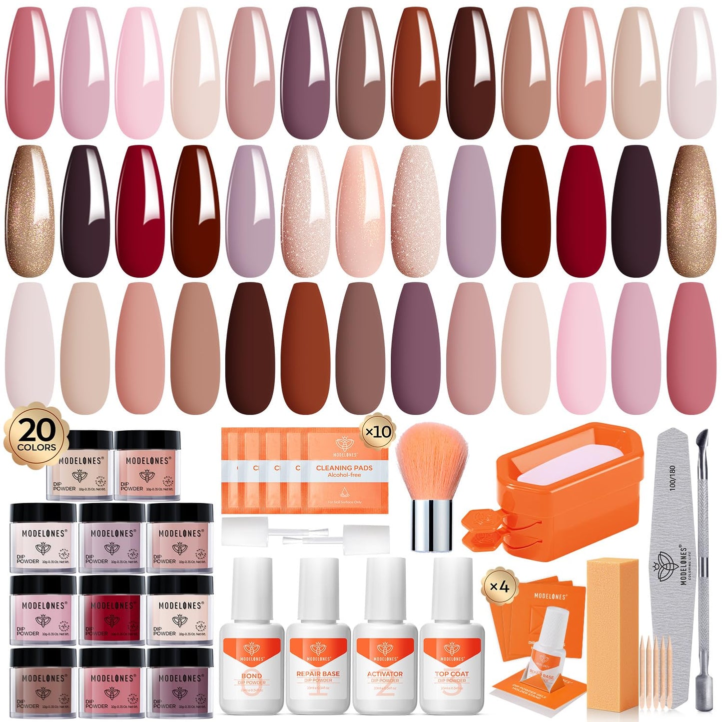 Modelones Dip Powder Nail Kit Starter, 20 Colors Pink Red Brown Dipping Powder Liquid Set Base&Top Activator for French Nail Art Salon DIY Kit