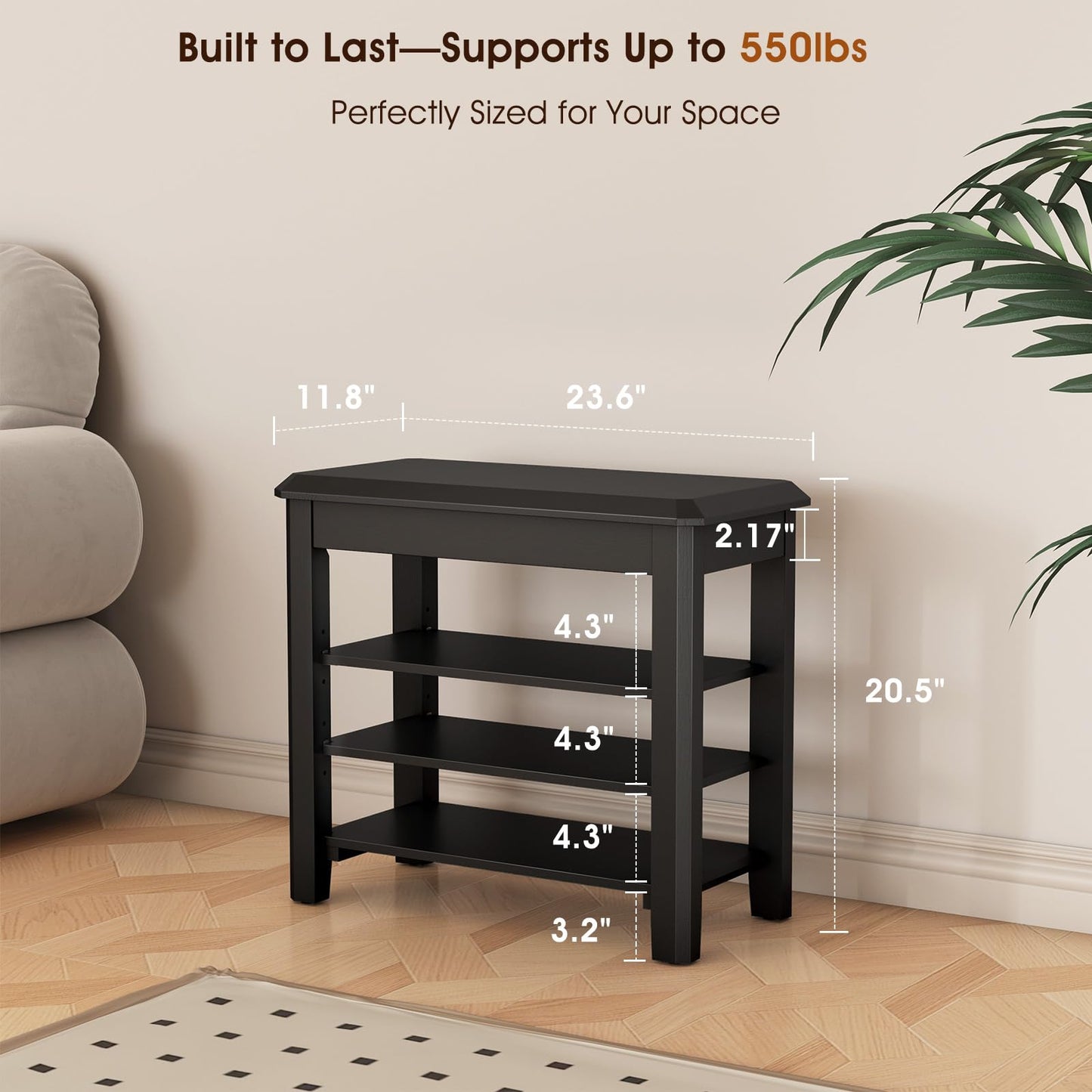 IUNVR Shoe Rack Bench Seat Rubberwood 3-Tier Wooden Storage Bench 550lbs Compact Mid-Century Modern Design for Entryway, Hallway, Closet, Front Door Entrance, Foyer