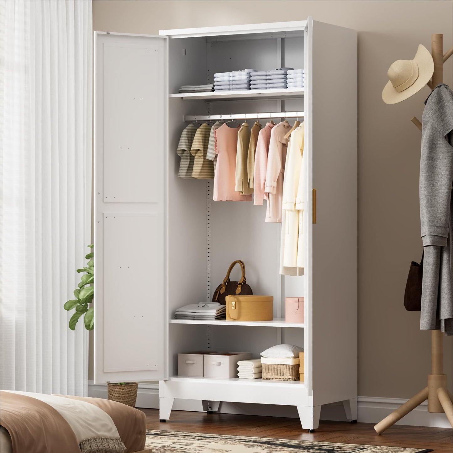 LCAOPC 71" Tall Metal Wardrobe Closet with Adjustable Shelves and Hanging Rod, 2 Doors Free Standing Armoire Wardrobe Cabinet for Bedroom, Office, Laundry Room, White