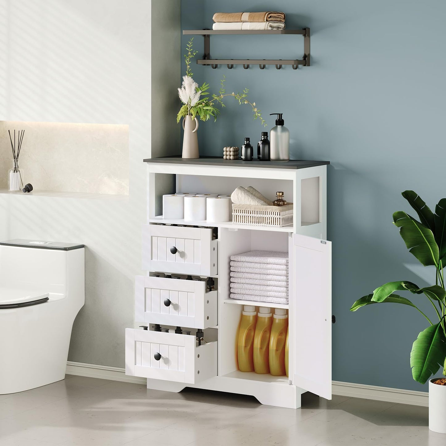 HOOBRO 28.3" Bathroom Storage Cabinet, Large Floor Cabinet, Freestanding Bathroom Storage Unit, 1 Cupboard and 3 Drawers, Adjustable Shelf, 28.3" L x 11.8" W x 37.8" H, White and Black
