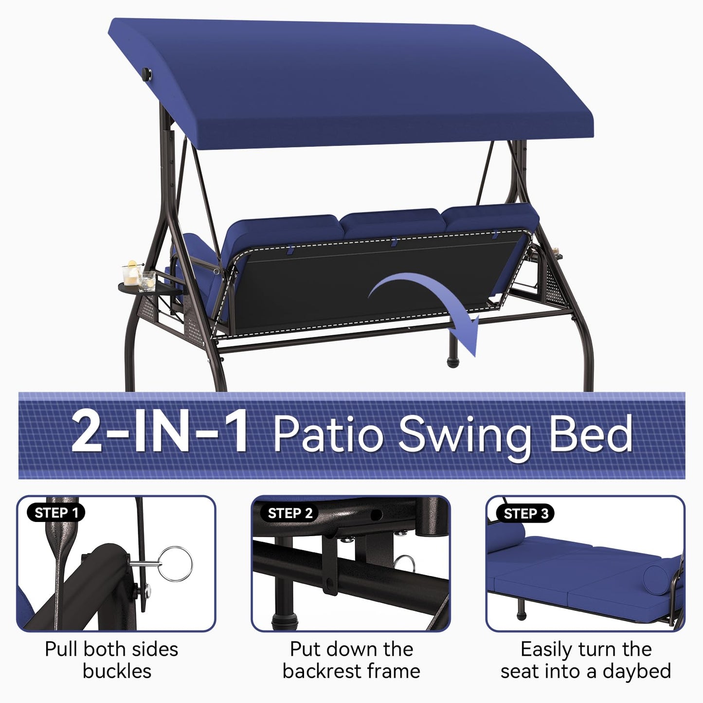 Oakcloud 3-Seat Outdoor Porch Swing with Adjustable Canopy, Large Converting Swing Chair, Patio Swing Glider with Pillows & Thick Cushions for Poolside Balcony Backyard (Blue)