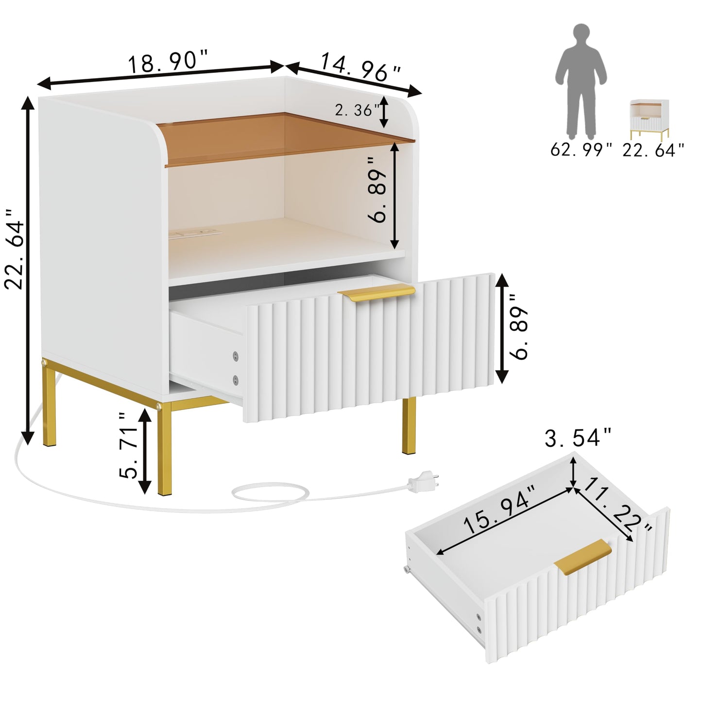 HQZX Fluted Nightstand with Charging Station and Glass Top, Modern Bedside Table with Metal Legs, Wood End Table for Bedroom, Living Room (White)