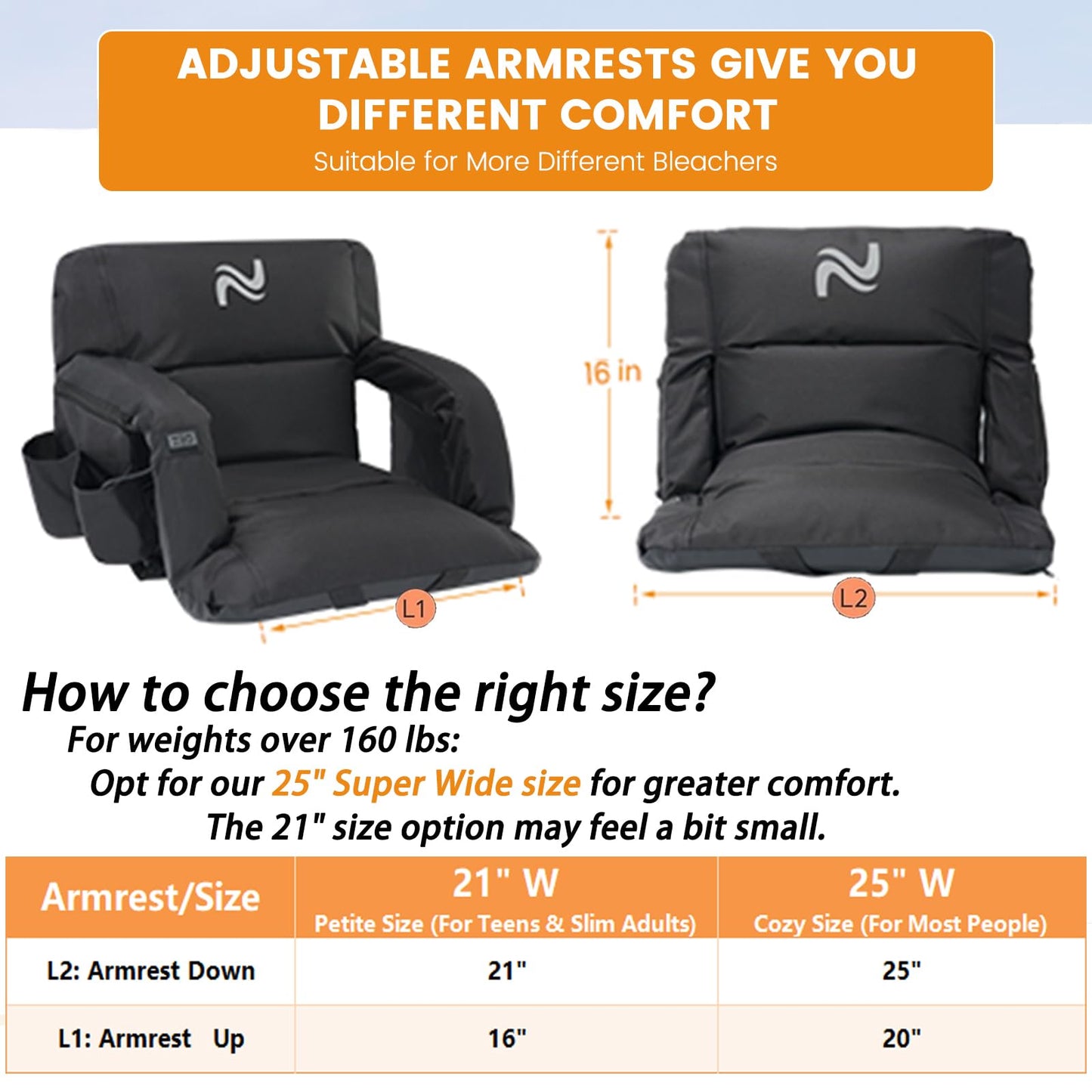 LILYPELLE Double Heated Stadium Seat Bleacher Seat with Back & Arm Support, Portable 6 Reclinng Positions Stadium Seating for Bleachers, Bleacher Seats for Sports Events, Outing, Travelling, Hiking