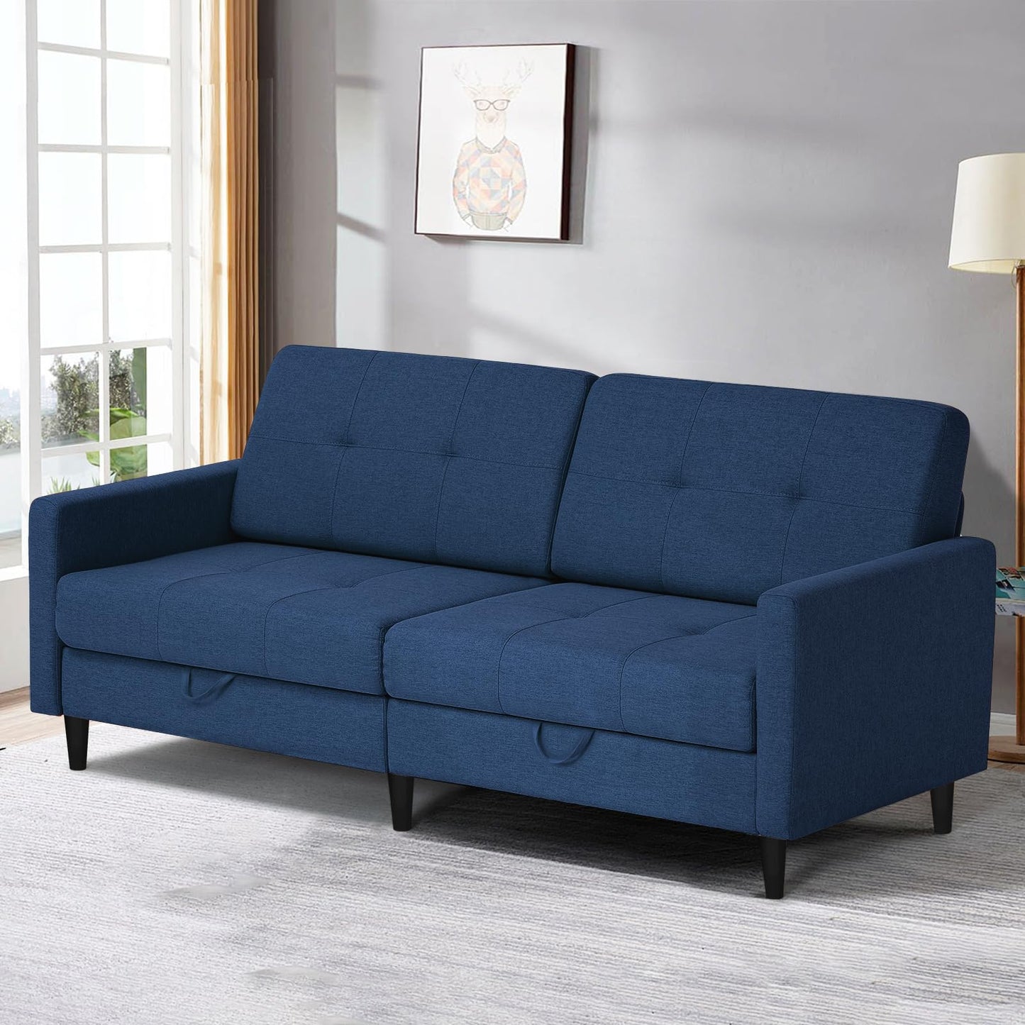 Lesofair 77" Linen Fabric Sofa Bed with Adjustable Backrests, Convertible Loveseat Sofa with Storage Space, Modern Sleeper Couch with Wooden Legs for Living Room, Bedroom, Blue