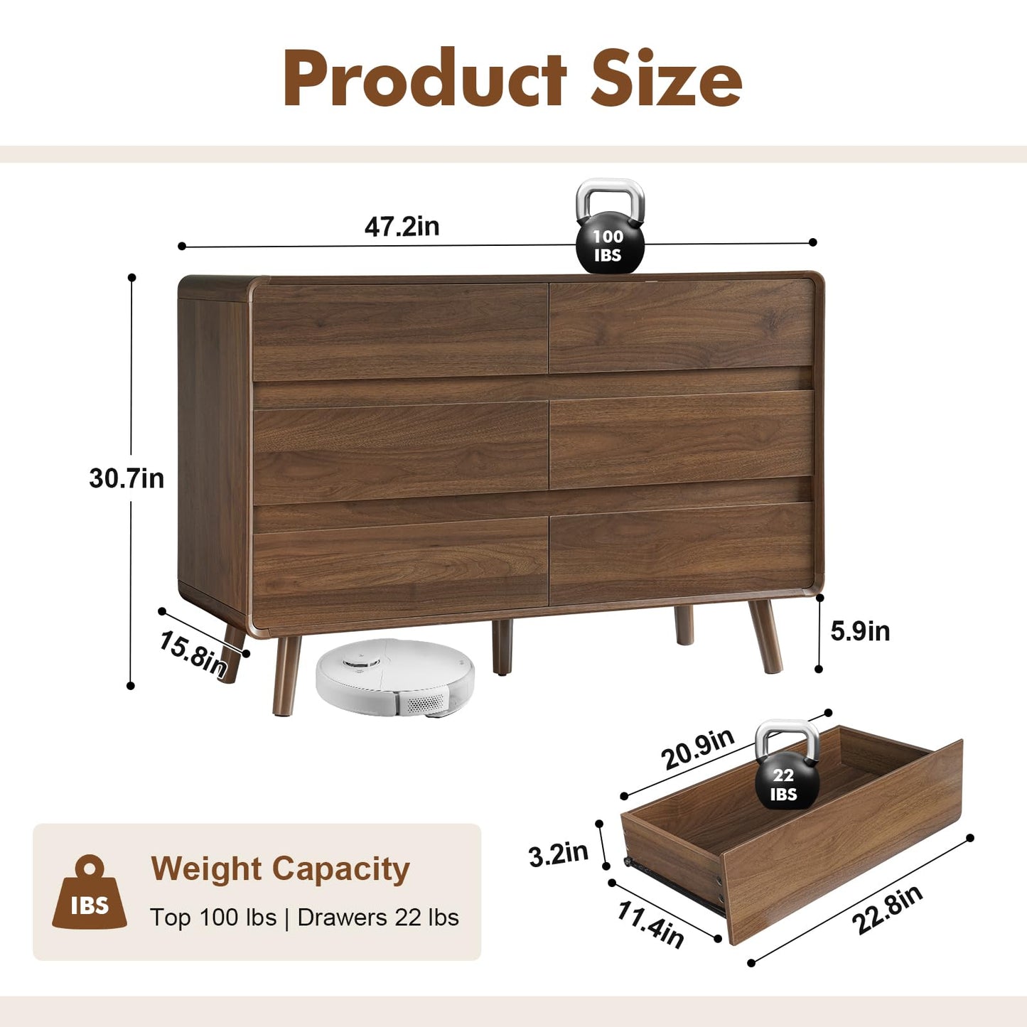 Nasonet 6 Drawer Dresser for Bedroom, Mid Century Modern Dressers & Chests of Drawers, Wood Storage Drawer Dressers for Hallway, Entryway, Walnut