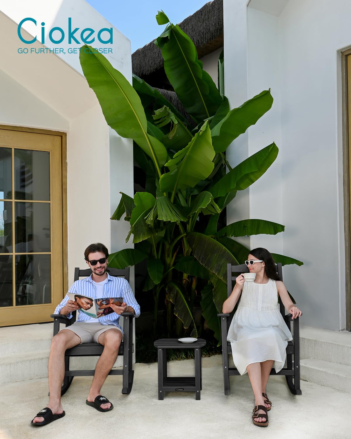 Black Outdoor Rocking Chairs Set of 2, HDPE Poly Rocking Chair for Adults, Patio Rocking Chairs for Porch