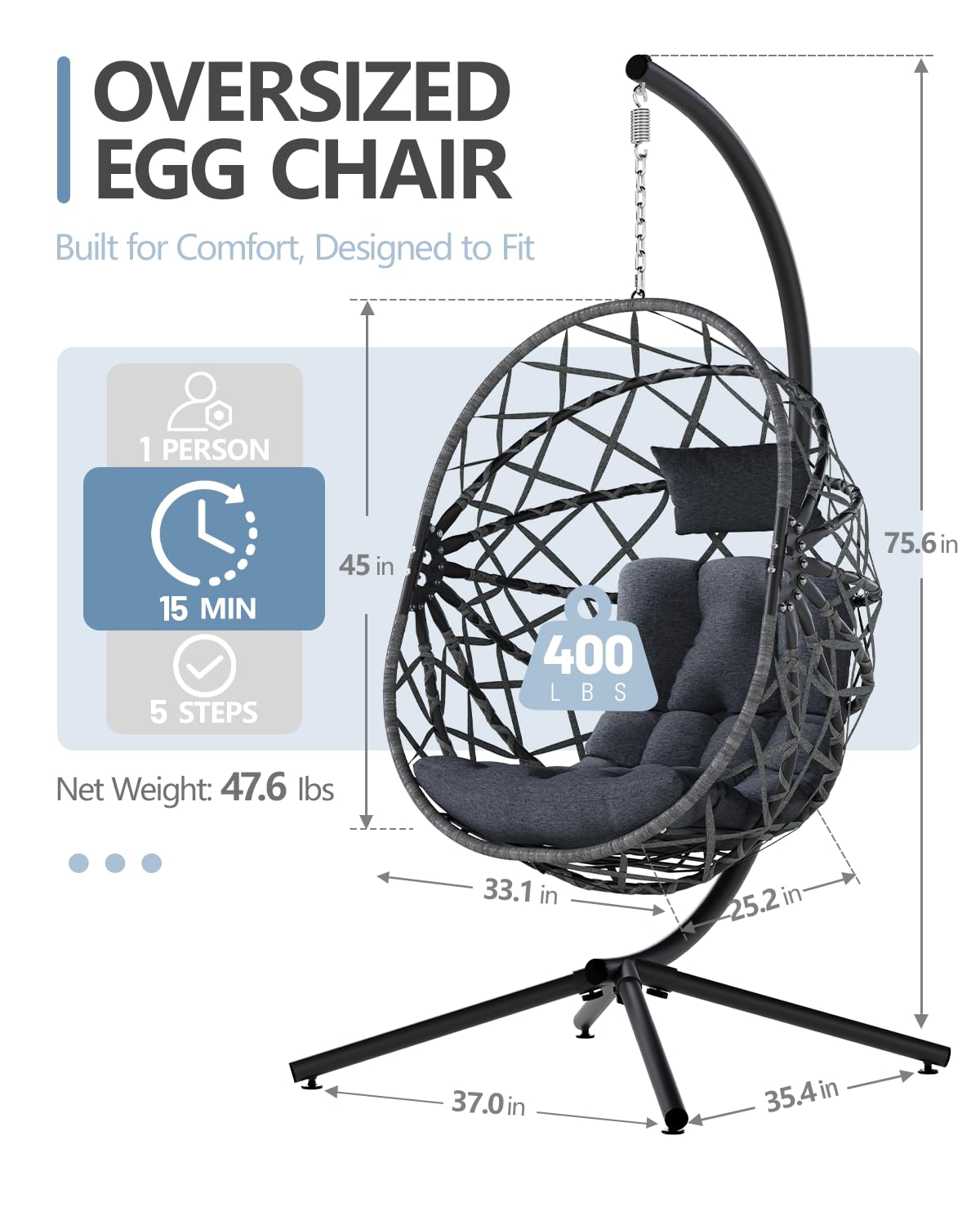 SWITTE Hanging Egg Chair with Stand, Outdoor & Indoor Wicker Egg Swing Chair with Cushion, 400LBS Capacity for Patio, Bedroom & Garden - Dark Grey