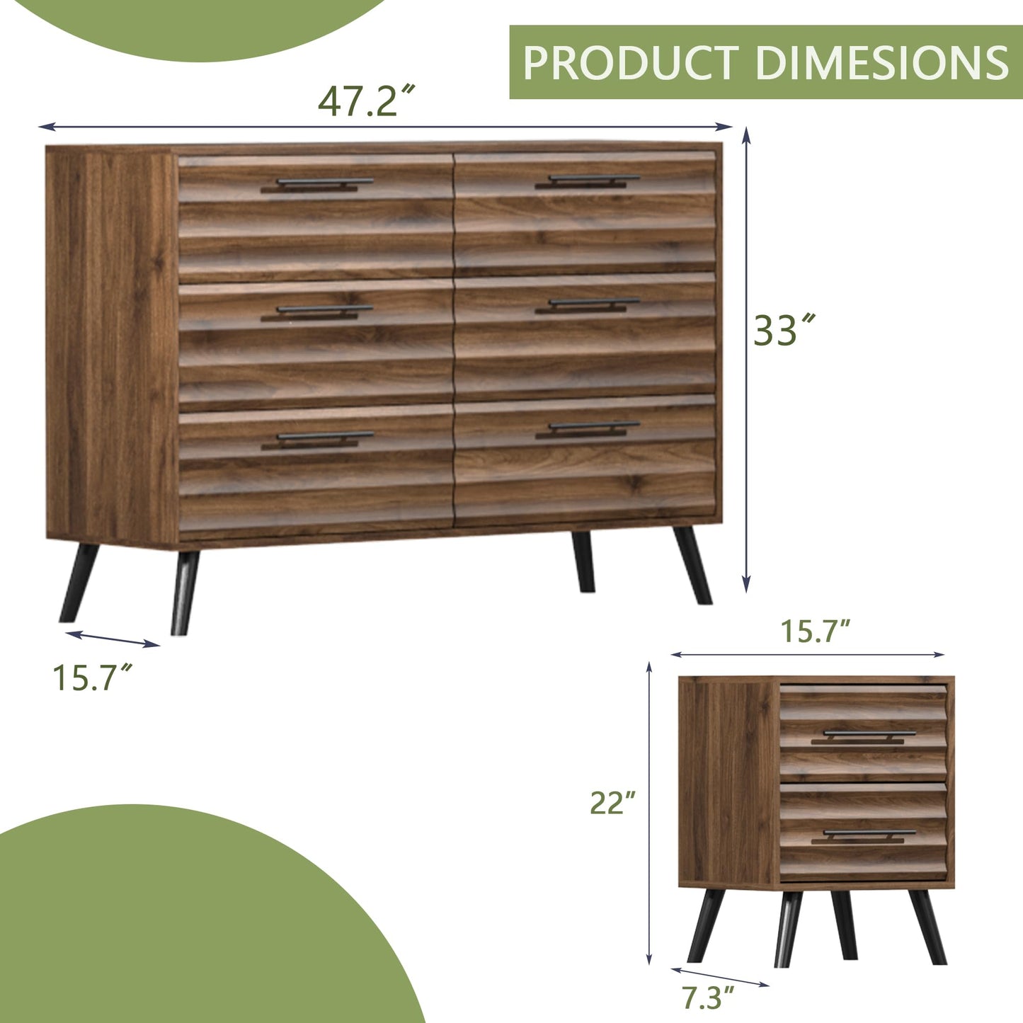 CATMIX Farmhouse Bedroom Set, 3 Pieces Bedroom Furniture Set, Fluted 6 Drawer Dresser and Nightstands, Chest of Drawers Wide Storage Organizer Cabinet for Bedroom