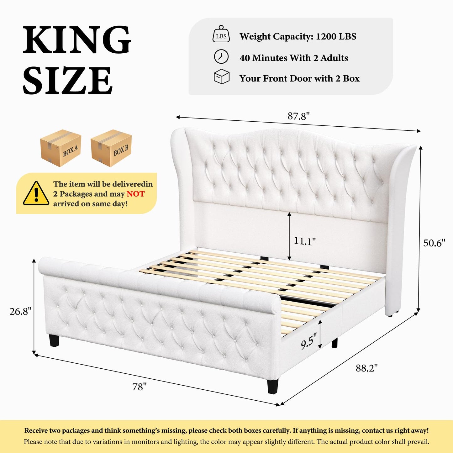 koorlian King Size Chenille Upholstered Bed Frame, Sleigh Platform Bed Frames with 51" Tall Wingback Headboard & 27" Scroll Footboard, Button Tufted/No Box Spring Required/Wood Slats Support/Cream