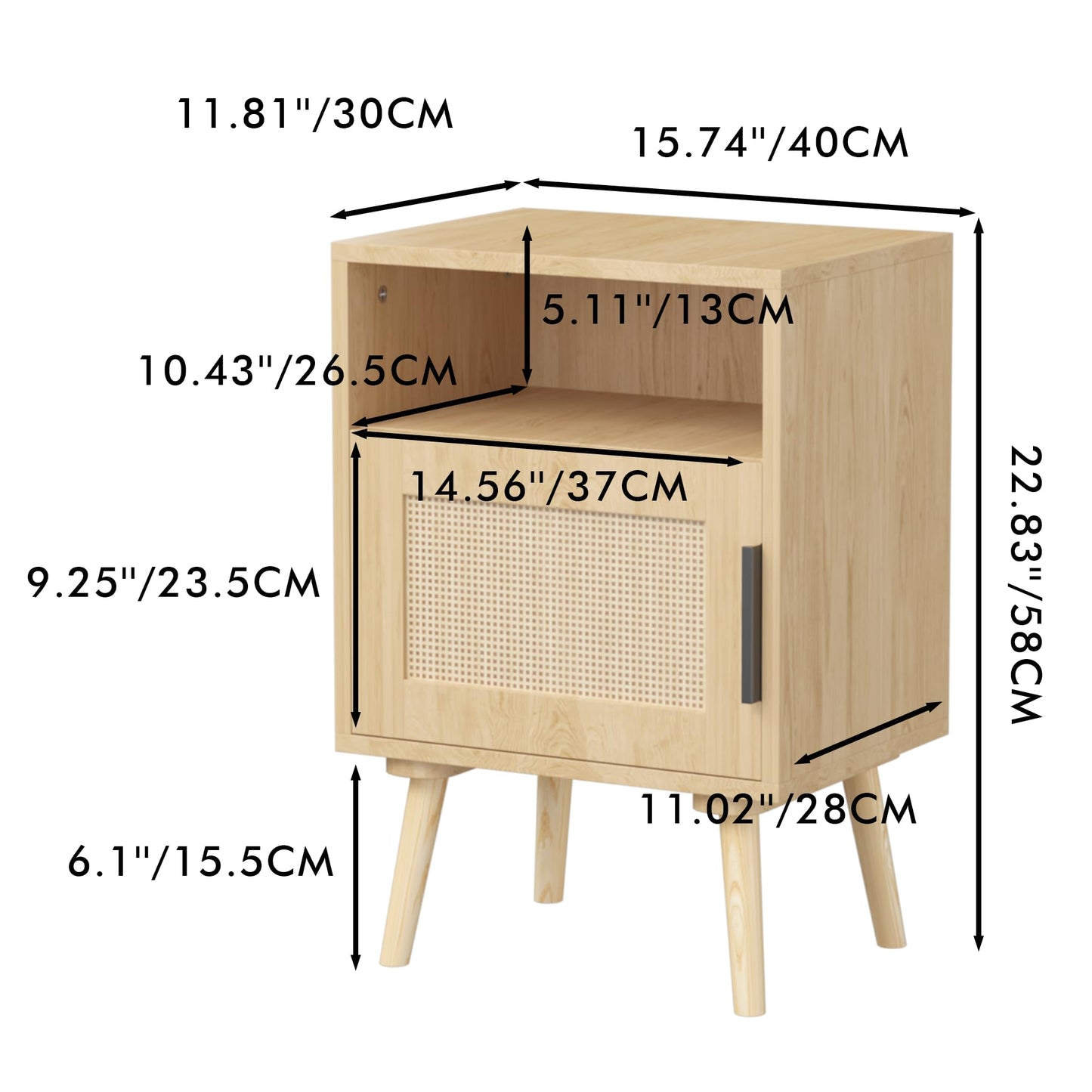 SweetGO corporation Rattan Nightstand, Side Table with Door Open Shelf, Accent Bedside End Table with Solid Wood Legs for Bedroom, Dorm and Small Spaces