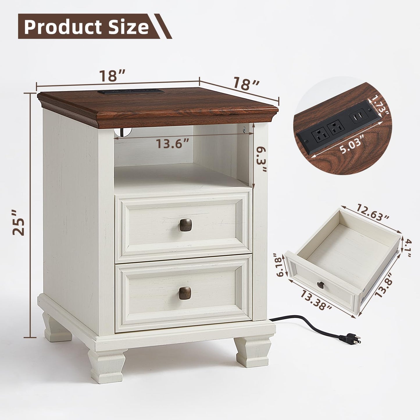 SAVOR LIFE Farmhouse Night Stand with Charging Station, Rustic and Modern Nightstand,2 Drawers End Table for Living Room,Bedside Table with Open Shelf for Bed Room,White