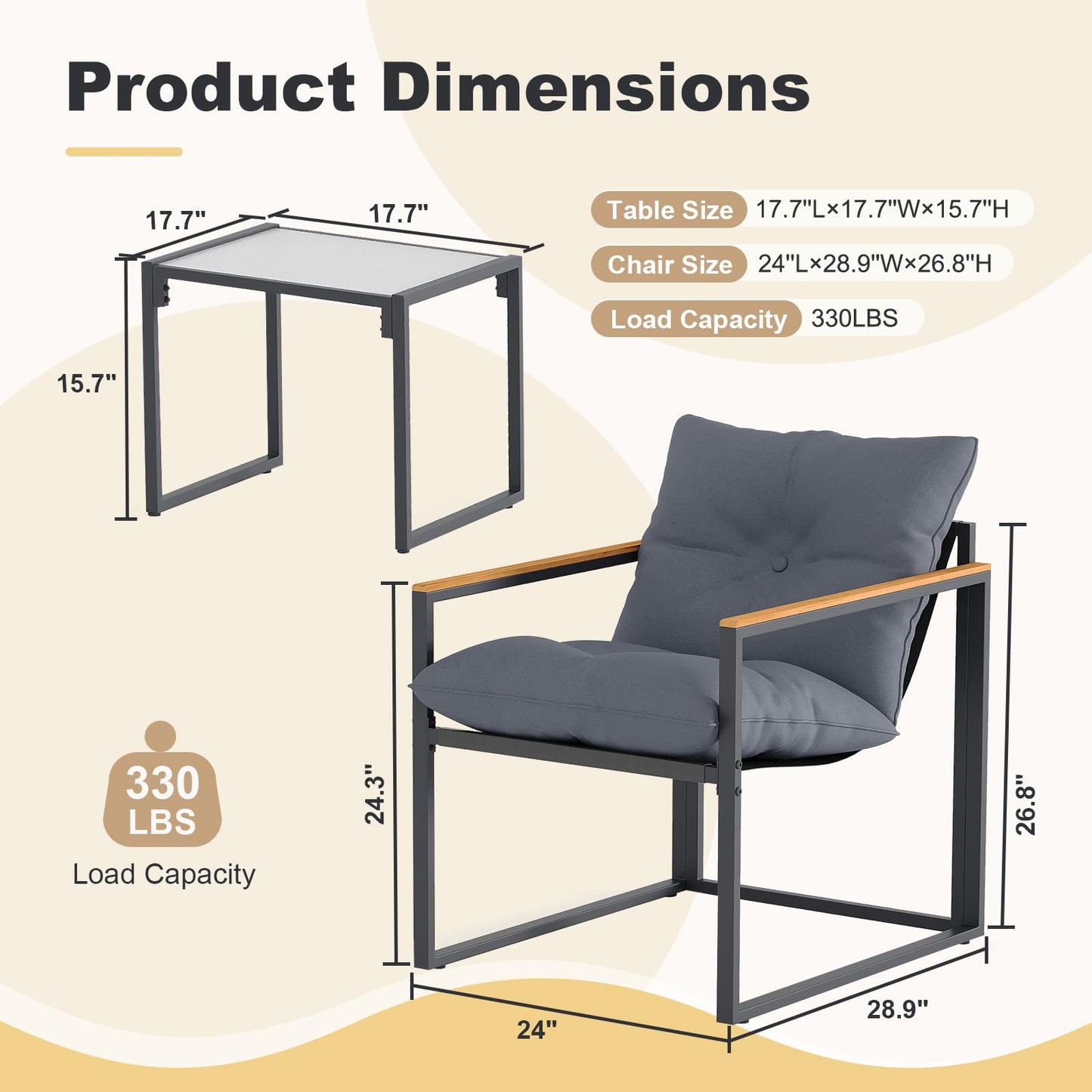 DIMOFAP 3 Piece Patio Furniture Set, Outdoor Porch Chairs Set of 2, Balcony Furniture for Apartment with Chairs & Table, Included Thick Comfy Cushions, Perfect for Porch, Balcony, Deck