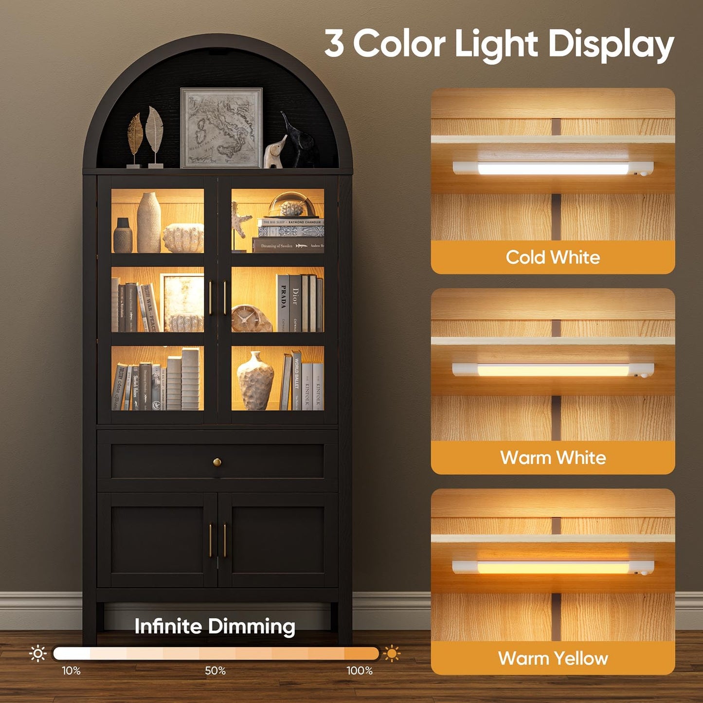 OTDMEL 71" Display Arched Storage Cabinet with Glass Doors & Auto Sensor LED Lights, Tall Modern Black Storage Cabinets with Drawers and Adjustable Shelves for Dining Room/Bathroom/Kitchen/Office