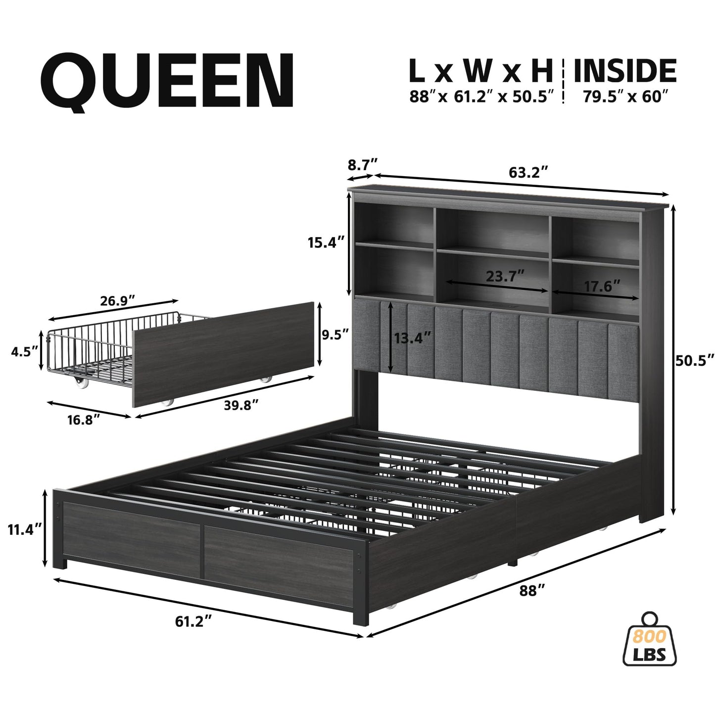 HISOFT Queen Bed Frame with Storage Headboard, Wood Bed with High Storage Bookcase, 4 Drawers & LED & Charging Station,No Box Spring Needed/Noise Free/All-Metal Support, Rustic Grey