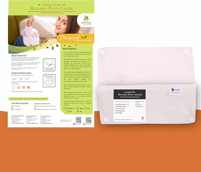Organic Cotton Reusable Panty Liners for Women & Teens (Tanga, 7-Pack); High-Temp Washable Cloth Liners Made in EU; Stay Fresh & Dry, for Daily Vaginal Discharge Only; 100% Breathable (no PUL/TPU)
