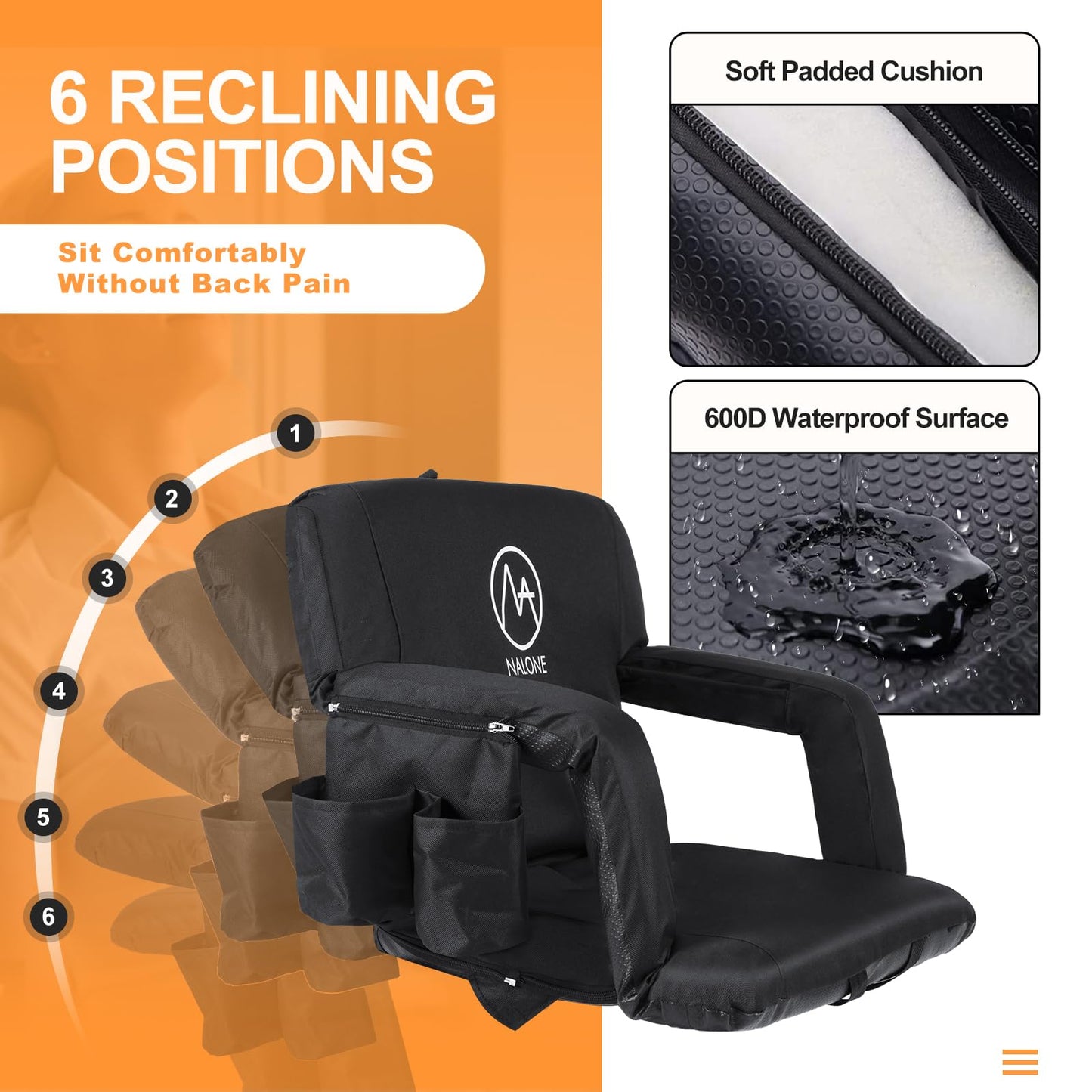 nalone Folding Stadium Seat Set of 2, 20.5 inch Wide Stadium Chairs for Bleachers Stadium Seat Bleacher Chairs Portable with Back Supports Thick Padded Cushion Armrests Reclining(Black)