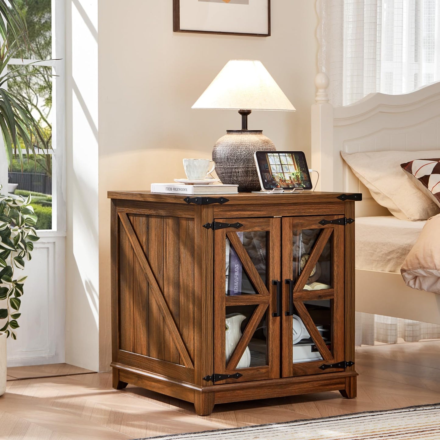 Joaxswe Farmhouse End Table with Charging Station Set 2, 24" Large Sofa Side Table with Glass Barn Door, Nightstand with Adjustable Storage Shelf,Wood Square Bedside Table for Living Room,Bedroom