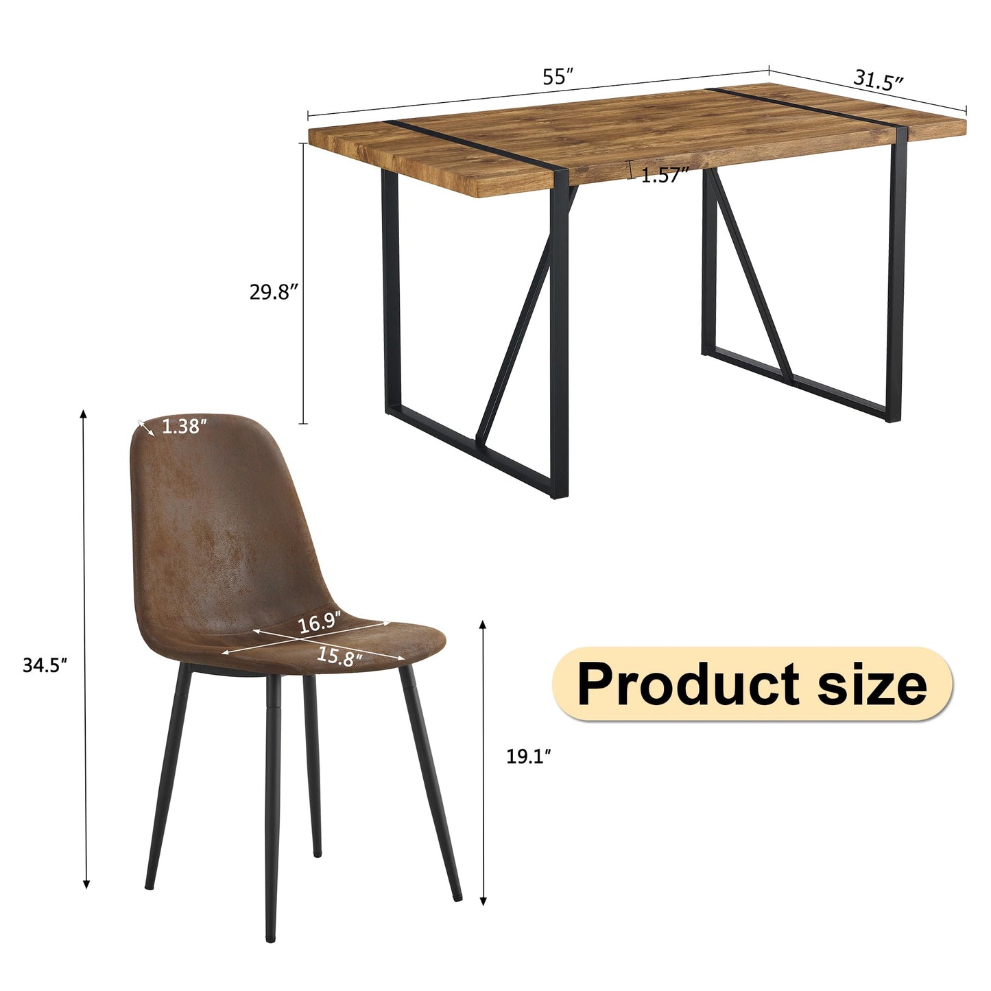 Ganooly Rustic 5 Piece Dining Room Table Set for 4 People, Mid Century Modern 55 Inch Rectangle Wood Kitchen Dining Table with 4 Fabric Chairs Set, Suitable for Kitchen Dining Room