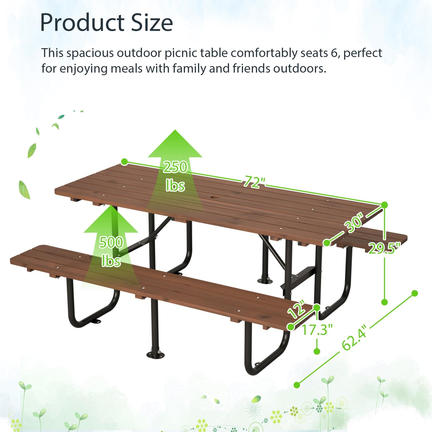 QUAWIP 72" Rectangular Outdoor Picnic Table - 6 Person Brown Wooden Dining Set with Built-in Benches, Ideal for Garden BBQ & Courtyards