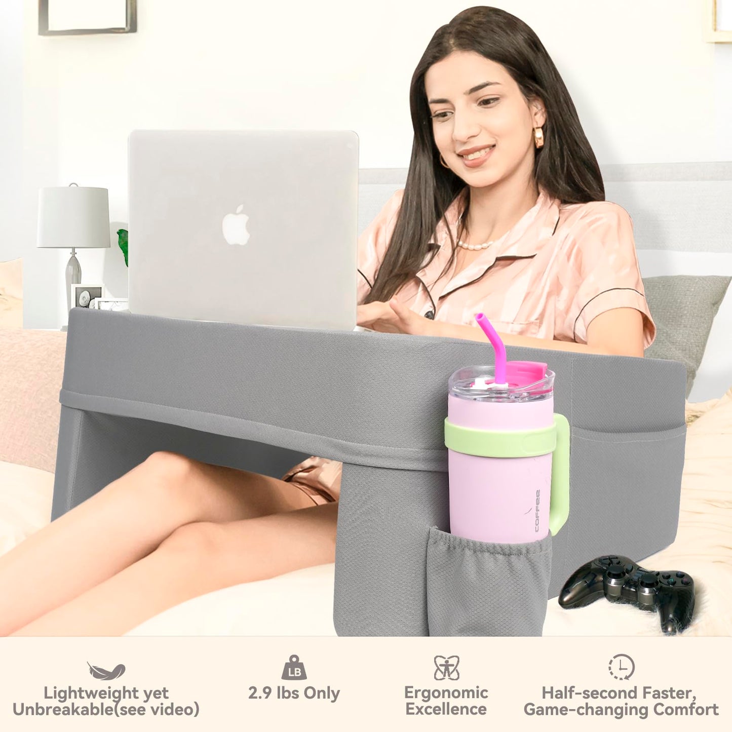 septsun Reading Pillow for Gaming,Soft Lap Desk Pillow for Laptop,Ultimate Lap Pillow with Cup Holder Pocket,Comfort Laptop Lap Desk for Bed Couch Car (Gray, Large)