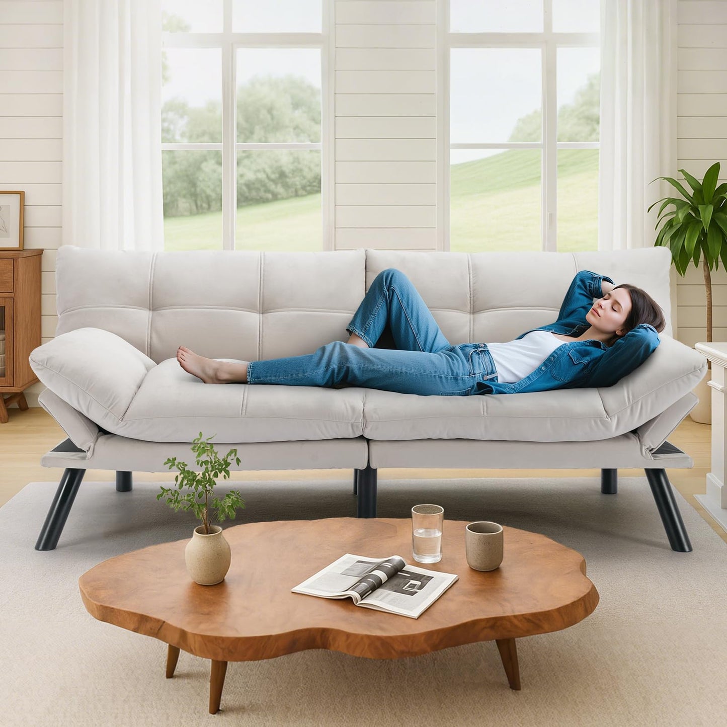Comfortable Futon Sofa Bed, Memory Foam Loveseat, Convertible Adjustable Sofa Bed CouchSuitable for Office, Home, and Bedroom (White)