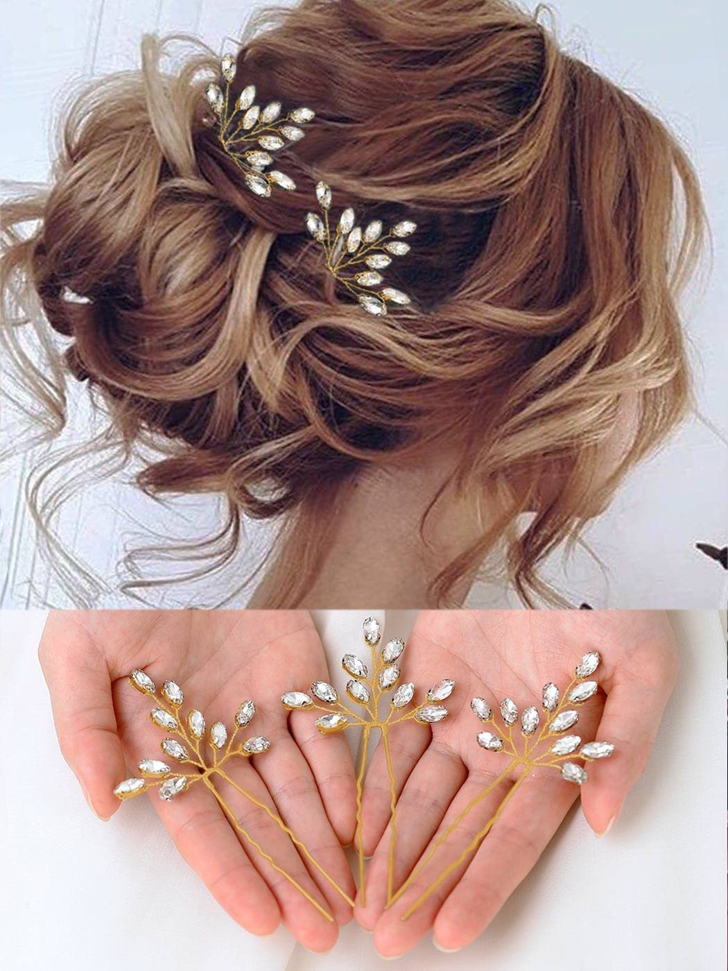 Heread Crystal Bride Wedding Hair Pins Rhinstones Bridal Hair Accessories Head Piece for Women and Girls (Pack of 3) (C Gold)