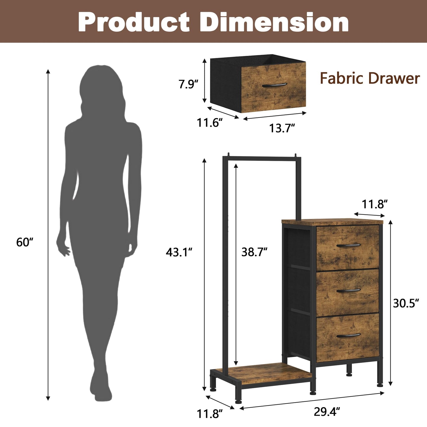 AFLUI Dresser for Bedroom with Hanging Rack, 3 Drawers Dresser for Bedroom - Rustic Brown