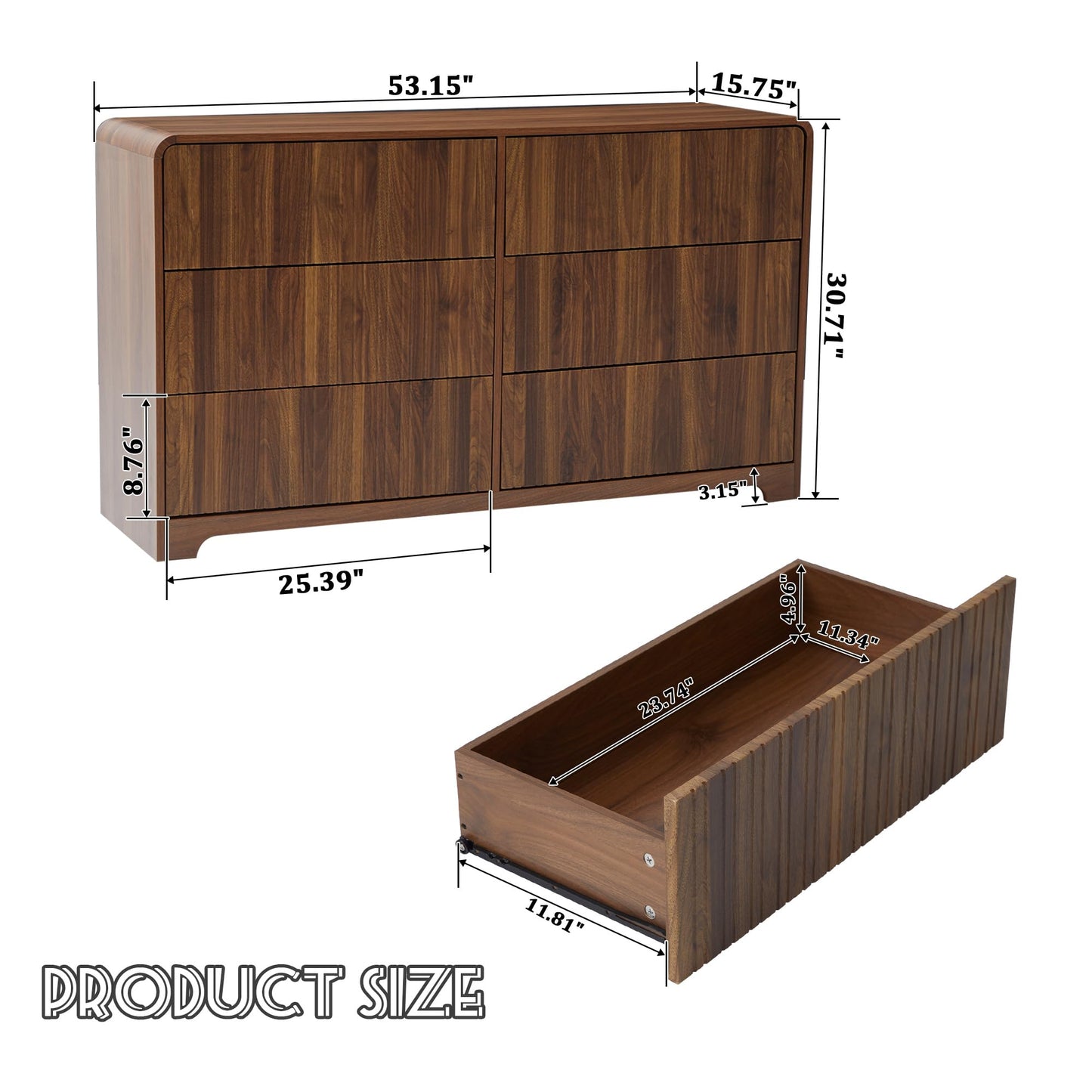 Fluted 6 Drawers Dresser for Bedroom, 53" Wide Mid Century Modern Chest of Drawers with Curved Profile Design, Large Wood Double Dresser for Living Room (Walnut)