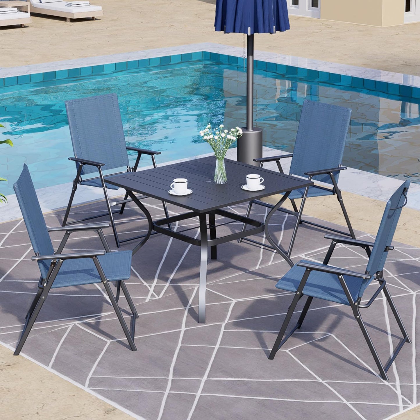 Nixtopia 4 Pcs Patio Dining Chairs with Armrests Folding Outdoor Chairs Used for Camping Garden Backyard Pool Porch - Lightweight Blue Sling High Back