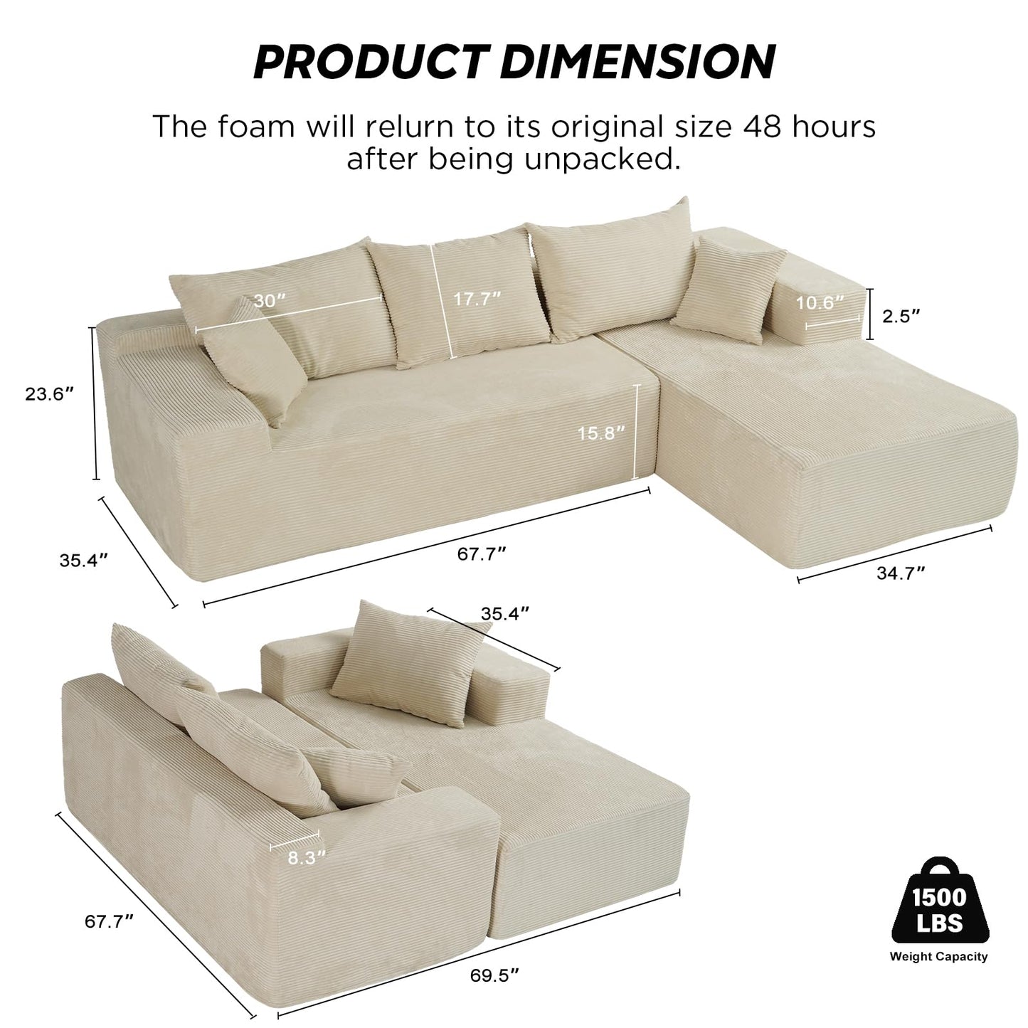 Cloud Sectional Couch with L-Shape Chaise,Modern Modular Sofa with Deep Seat, Upholstered Couches for Living Room Bedroom,No Assembly Required, Beige (Right Facing Chaise)