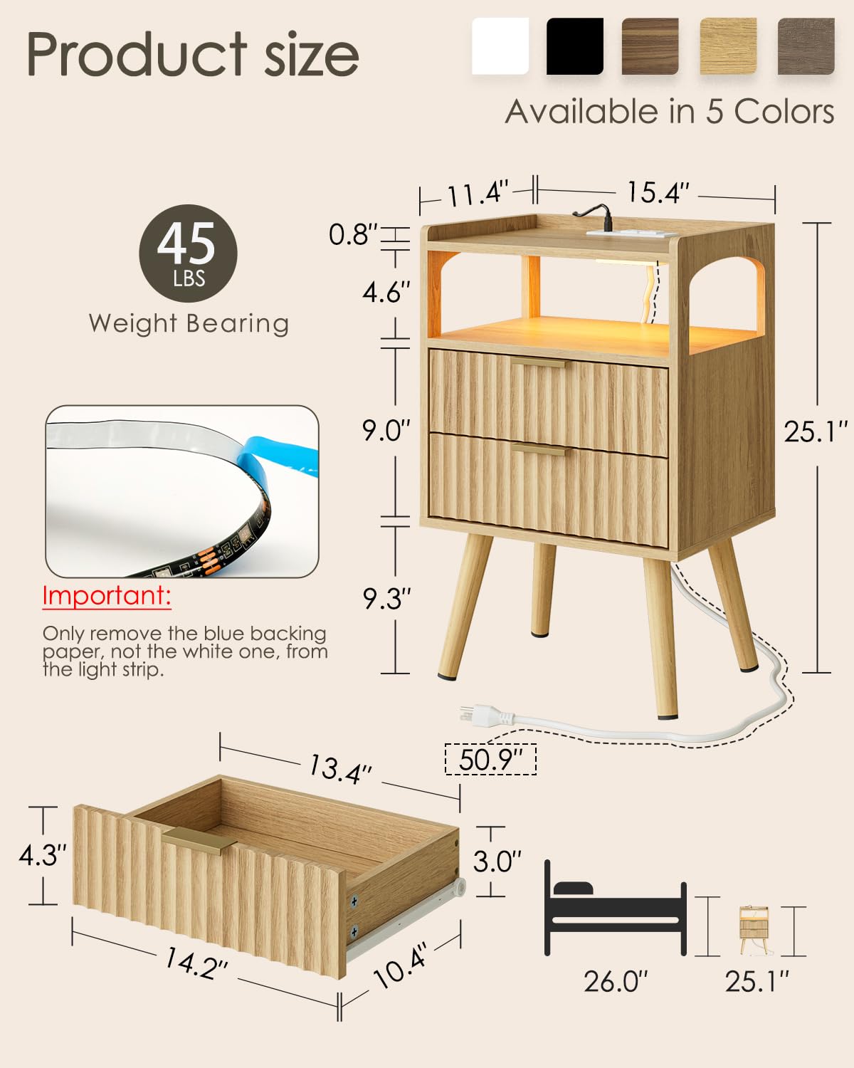 AEPOALUA Nightstand with Charging Station and LED Lights,Modern Bedside Table with 2Drawer and Open Shelf,Oak Night Stand with Solid Wood Legs,End Table for Living Room、Bedroom and Small Spaces