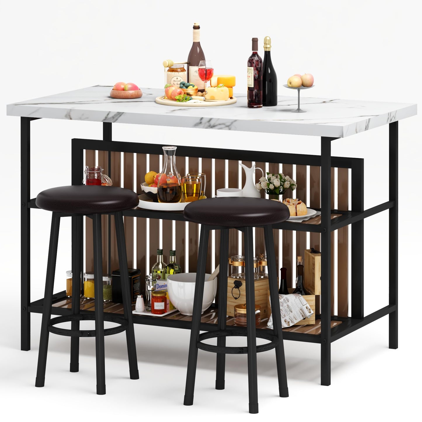 DKLGG Kitchen Island with Stools & Storage, Modern Dining Table Set for 2, 3 Piece Kitchen & Dining Room Sets Island Table for Small Space, Apartment, Home Bar, White