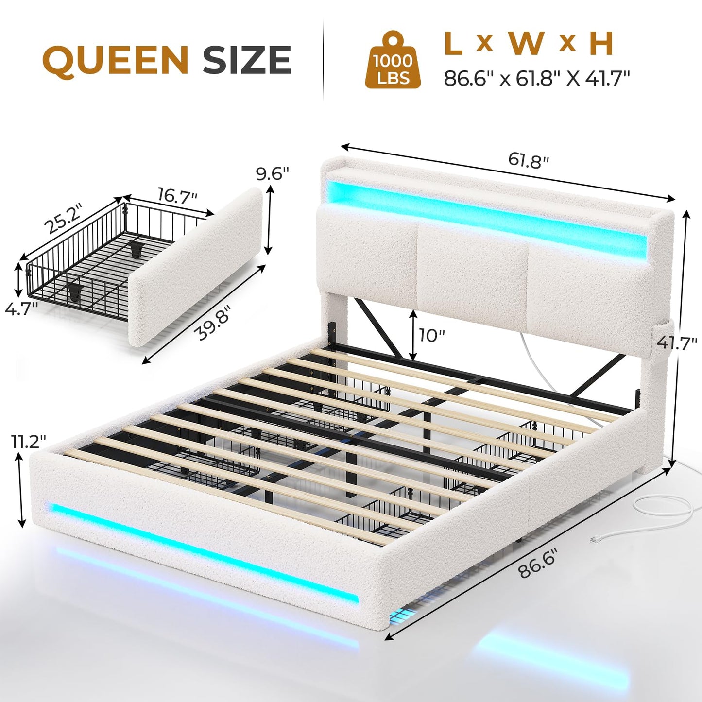 MSmask Boucle Bed Frame Queen Size, Upholstered Bed Frame with Storage Headboard and 4 Drawers, Soft Platform Bed with LED Lights and Charging Station, No Box Spring Needed, Off-White