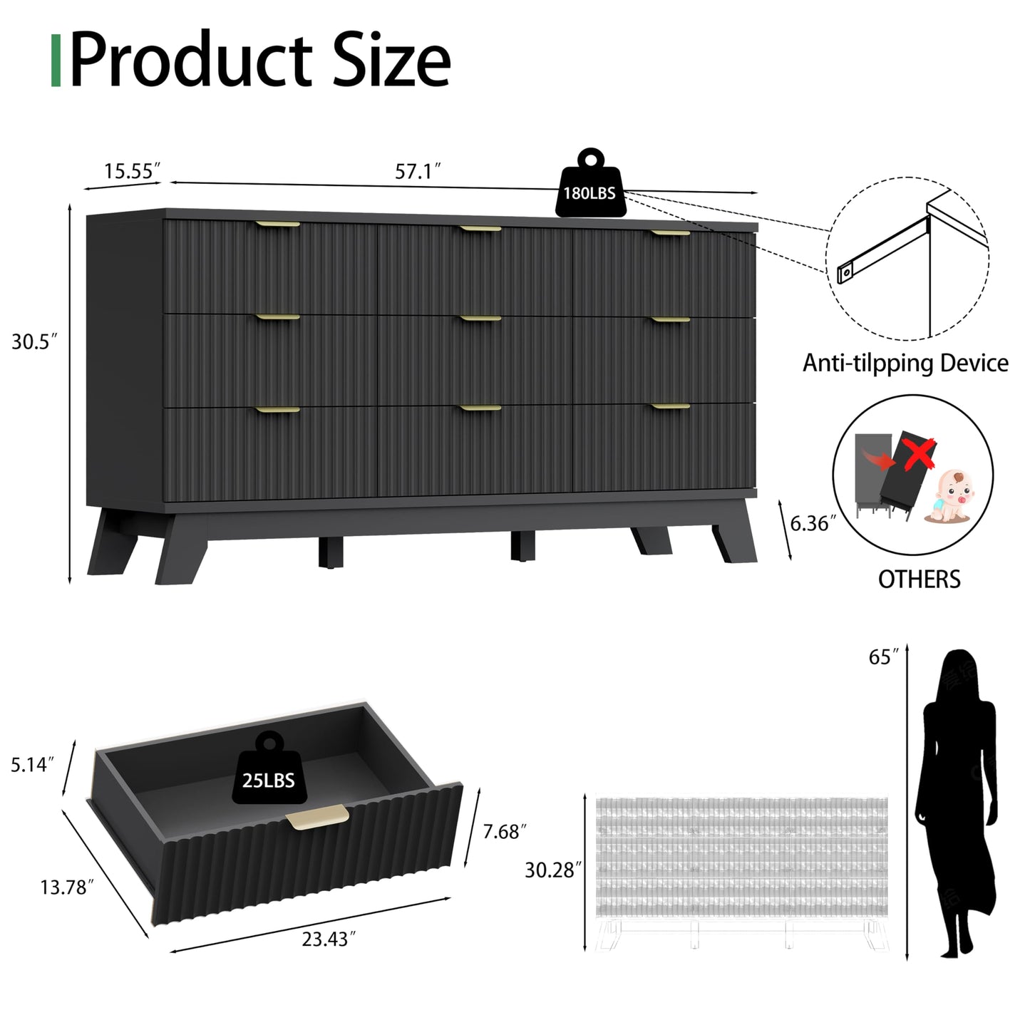 Fluted Dresser for Bedroom with 9 Drawers, 57" Wide Chest of Drawers with Metal Handle, Modern Wood Dresser TV Stand, Wooden Closet Clothes Storage Organizer for Living Room, Hallway, Black