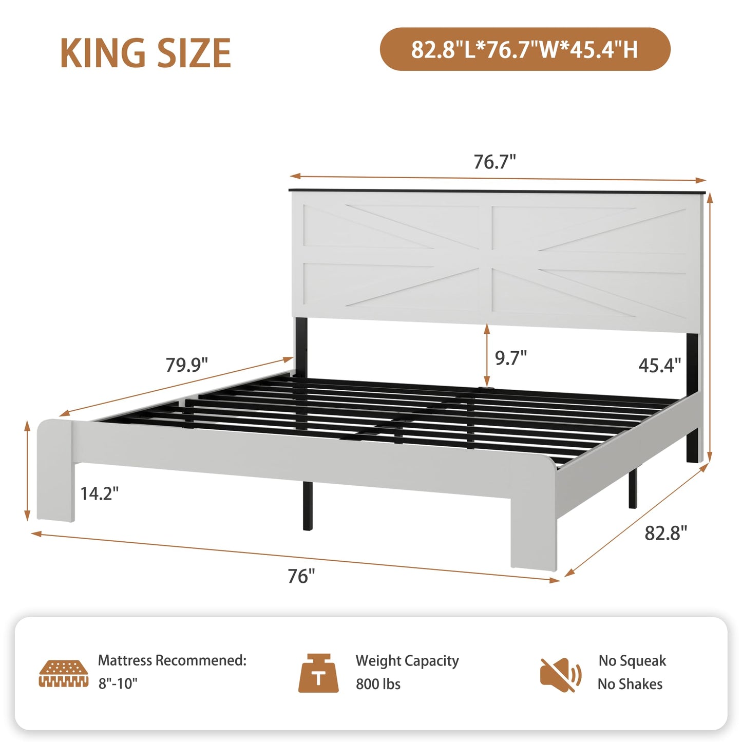 PAUKIN King Size Farmhouse Wooden Bed Frame with Headboard, Boho Platform Bedframe Sturdy Metal Slats Support, Spring Needed, Noisy Free, Easy Assembly (King, White)