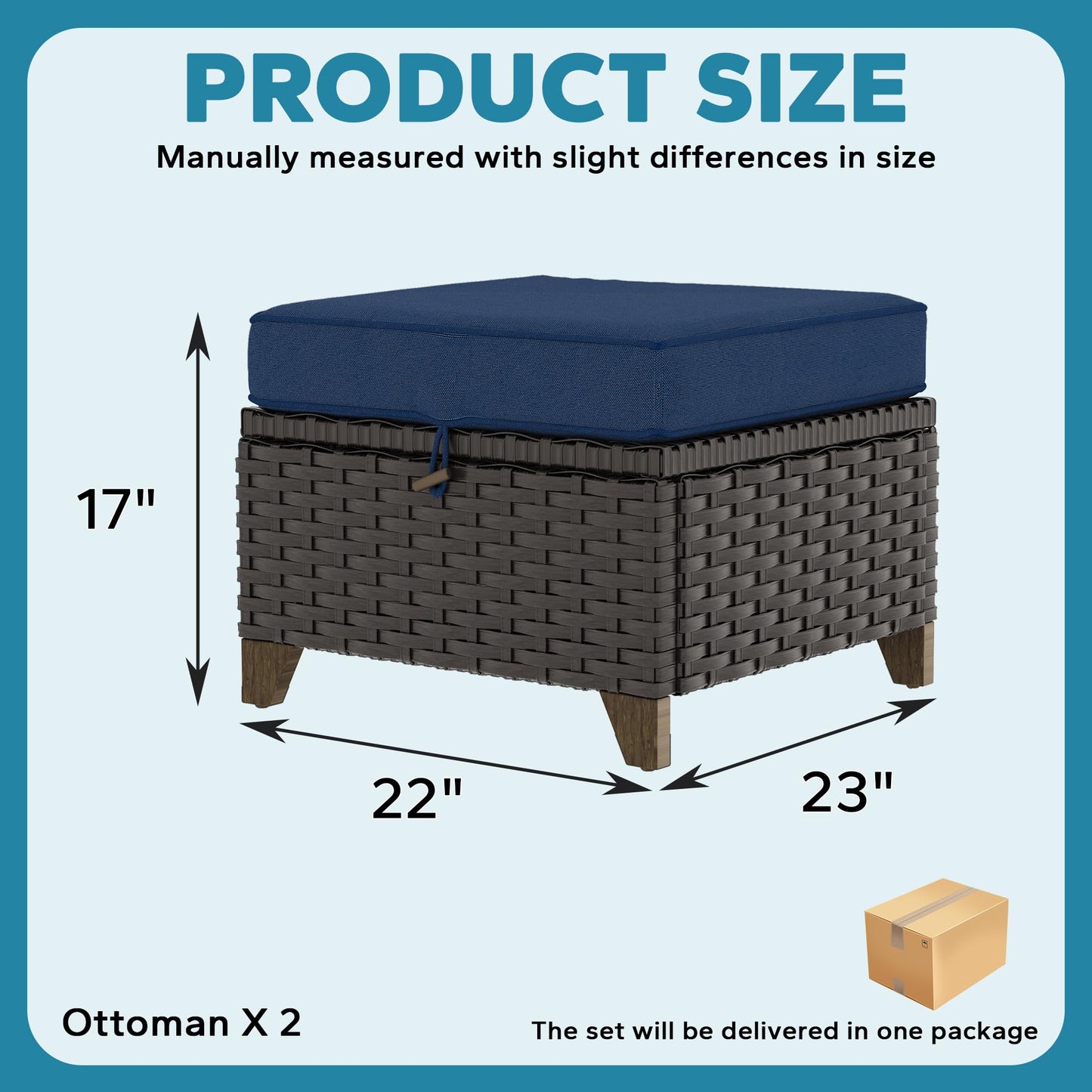 MeetLeisure 2 Pieces Patio Outdoor Ottomans with Removable and Washable Covers,PE Rattan Wicker Footstools for Porch, Garden, Sunroom (Navy Blue)