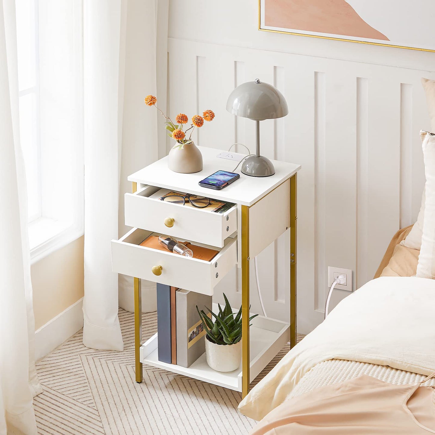 HOOBRO End Table with Charging Station, Tall Nightstand with Storage Drawer, Small Side Table with Gold Frame, 26.2 Inch Telephone Entryway Table for Bedroom, Hallway White and Gold DW72UBZ01