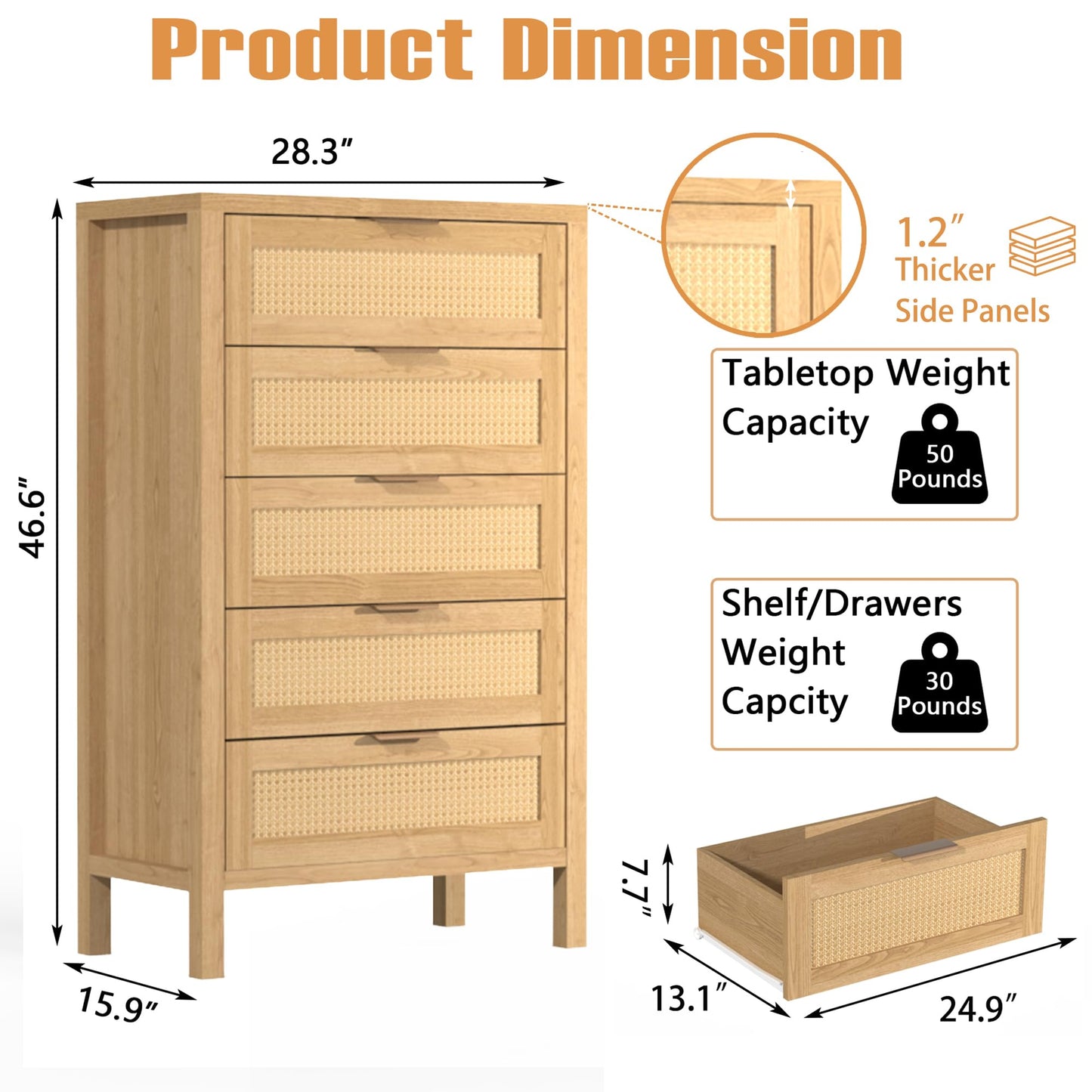 BTDWI Wood 5 Dresser for Bedroom, Wide Rattan Drawer with Gold Handle for Bed Room, Hallway, Rustic Oak