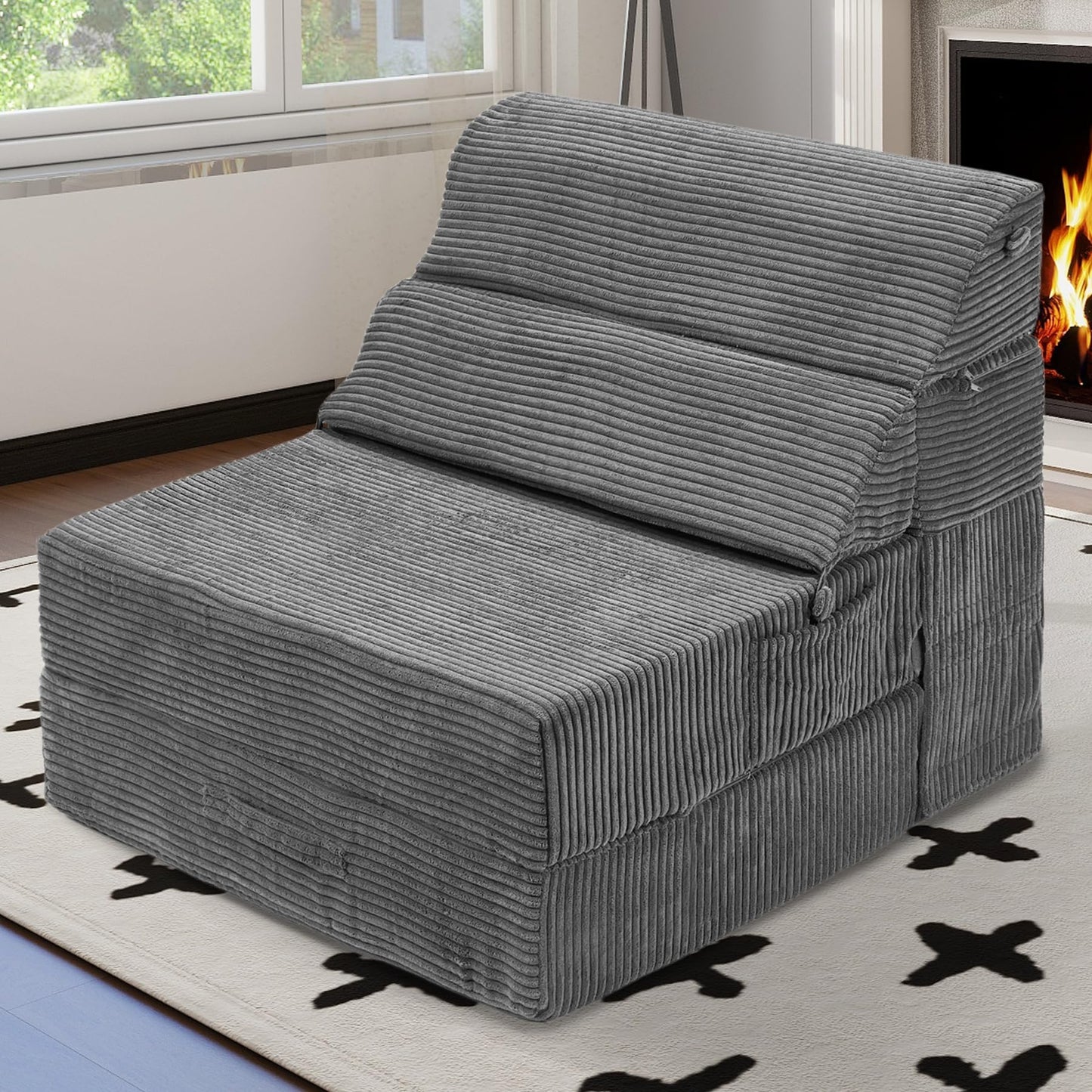 LitaiL Comfy Folding Sofa Bed - Dark Grey Convertible Sleeper Sofa Fold Out Sleeper Chair Couch for Living Room Bedroom Guest, Foldable Floor Chair Corduroy Lounger Mattress with Back Support