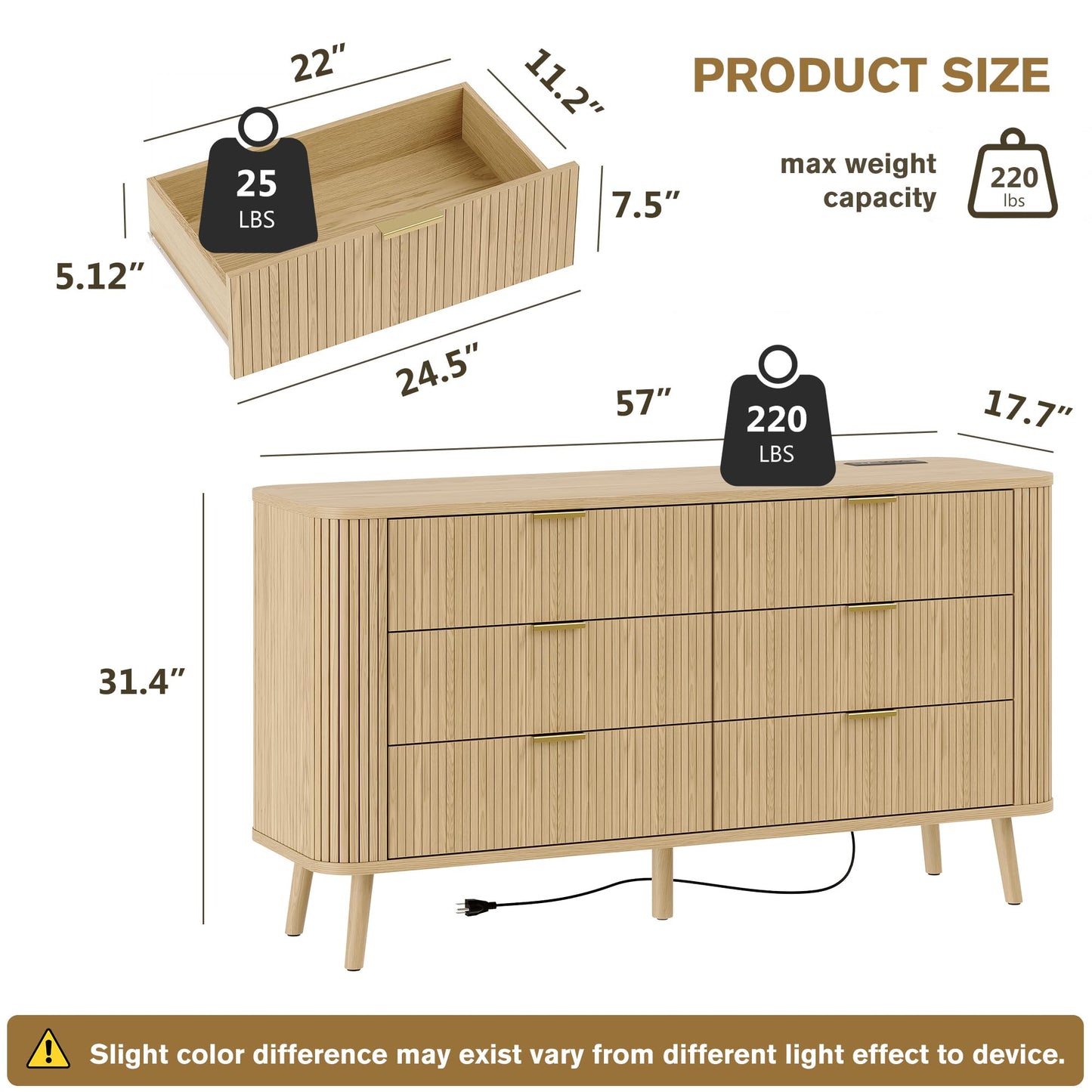 Alohappy Fluted 6 Drawer Dresser with Charging, 57" Wide Wood Dresser TV Stand, Mid Century Modern Long Dressers with Curved Profile Design for Closet (Natural Oak, 17.7" D x 57" W x 31.5" H)