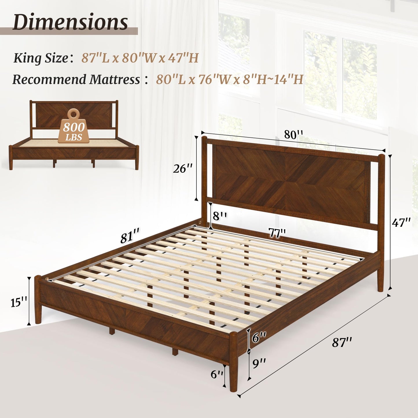 Cozyman Bed Frame King Size and Headboard, Acacia Wood, No Box Spring Needed, Herringbong Pattern, 800 lbs, Non-Slip Without Noise, Walnut