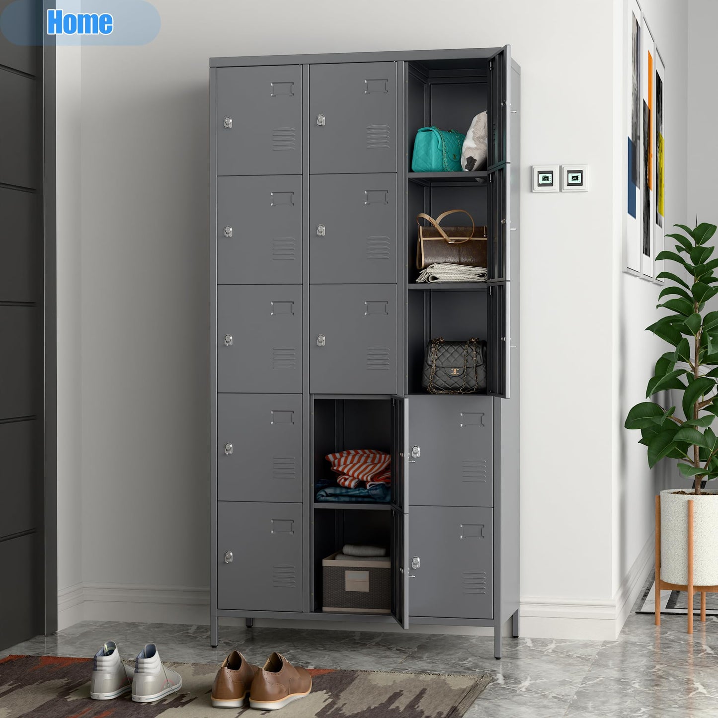 SUPEER 15 Doors Metal Lockers for Employees with Lock,Metal Locker with Card Holder for School Garage Office Gym Bedroom,Assembly Required,15 Door Dark Grey