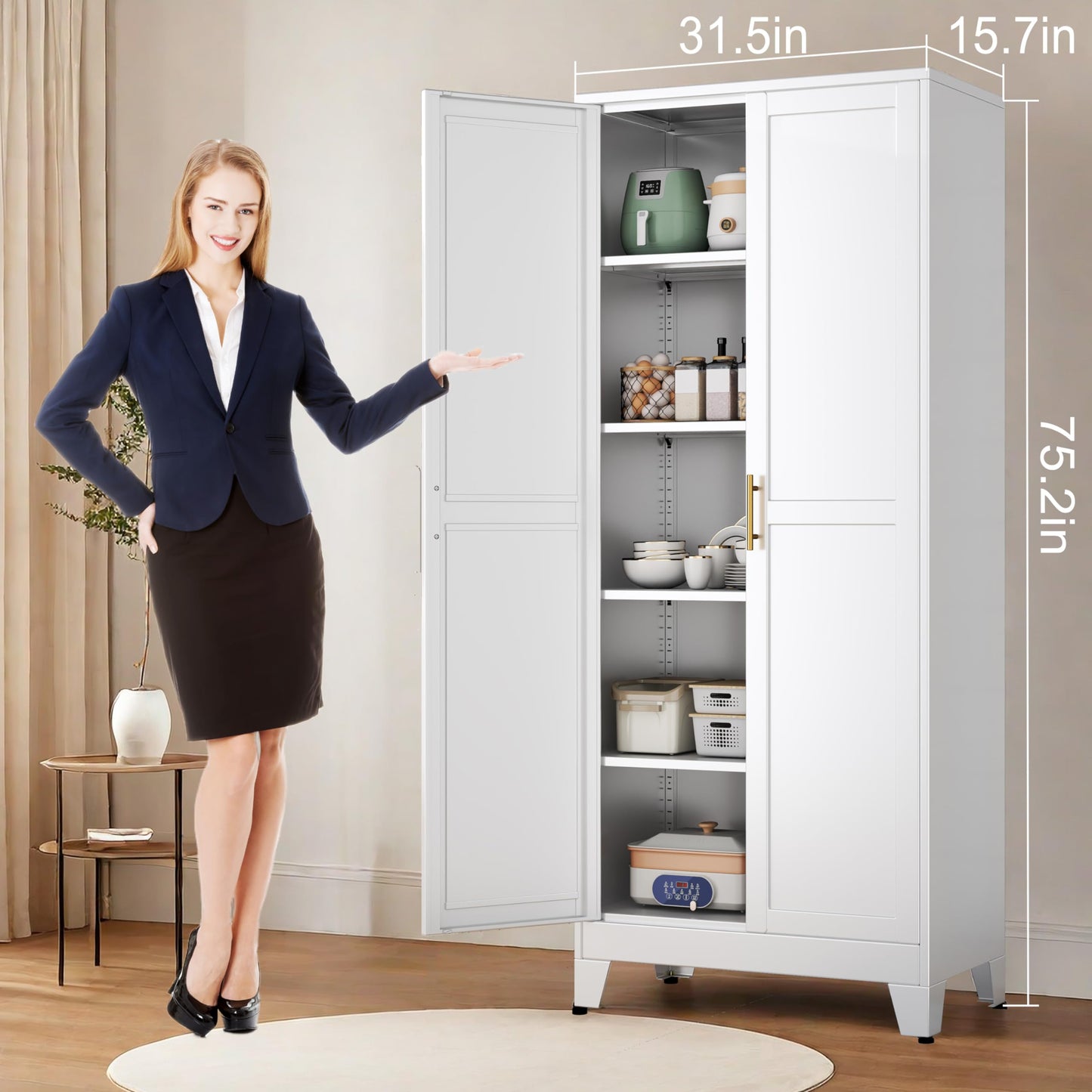 erosoei 75.2”H Metal Kitchen Pantry Storage Cabinet, Storage Cabinets with Adjustable Feet and Shelves,Food Pantries Cupboard for Kitchen, Living Room, Laundry Room and Dinning Room(White)