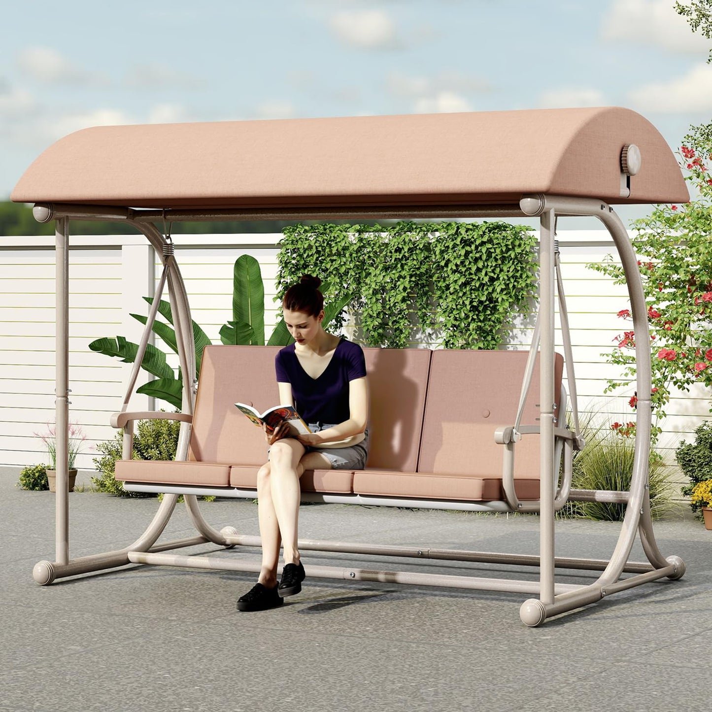 DAYAOUTDOOR Patio Swing with Canopy, Outdoor Swinging with Stand, Backyard Swings for Adults, 2 in 1 Porch Swing Bed, Outdoor Patio Swings,Yard Heavy Duty Covered Patio Swing, Khaki