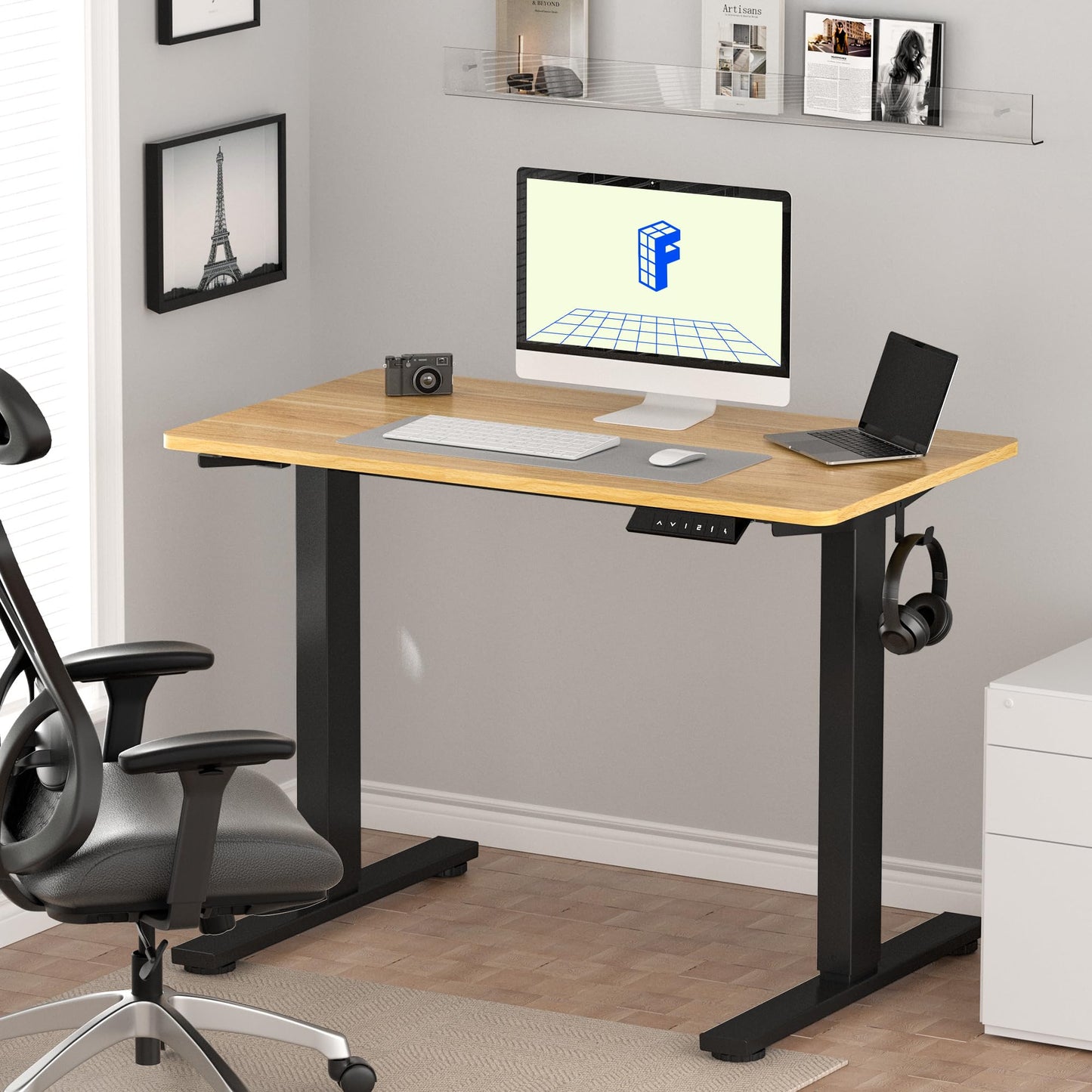 FLEXISPOT EN1 Whole-Piece Standing Desk - 48" x 30" Electric Height Adjustable Heavy Duty Steel Stand Up Desk Frame w/Automatic Smart Keypad (Black Frame + Maple Top, 2 Packages)
