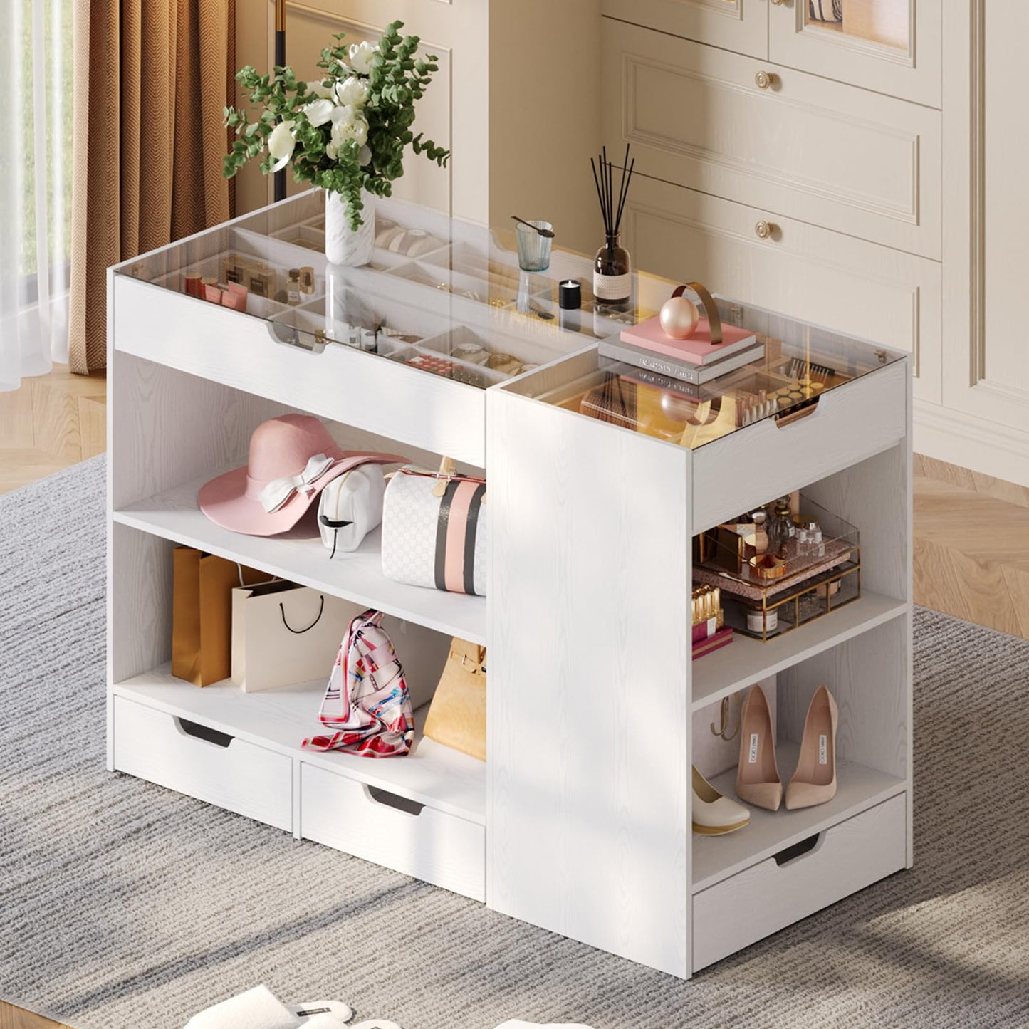 ANCTOR Closet Island, Bedroom Wardrobe Armoire with 8 Drawers and 2 Shelves, Dresser with Glass Top Display, Walk-in Closet Island Jewelry Dresser for Bedroom, Cloakroom, White