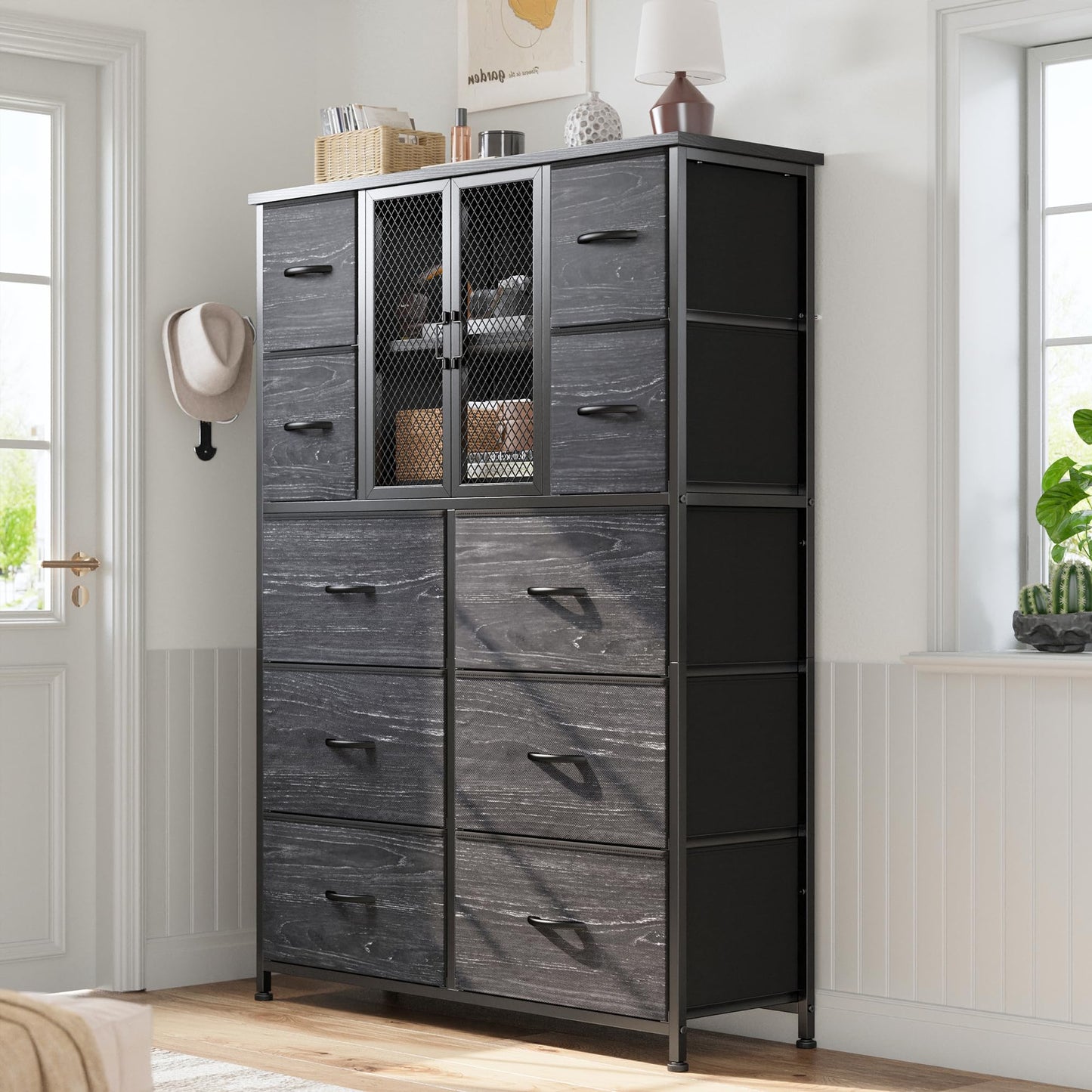 Dresser for Bedroom with Mesh Door Black Dressers & Chests of Drawers Tall Dresser with 10 Fabric Drawers, Metal Frame, Wood Top, for Closet, Entryway, 48.1" Hx38 Wx11.81 D