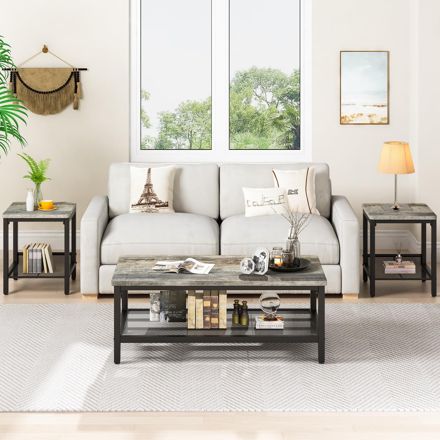 Lamerge 3 Pieces Living Room Table Set, Industrial Coffee Table with 2 Square End Side Tables, Coffee Table Set with Metal Frame for Apartment Home Office (Grey)